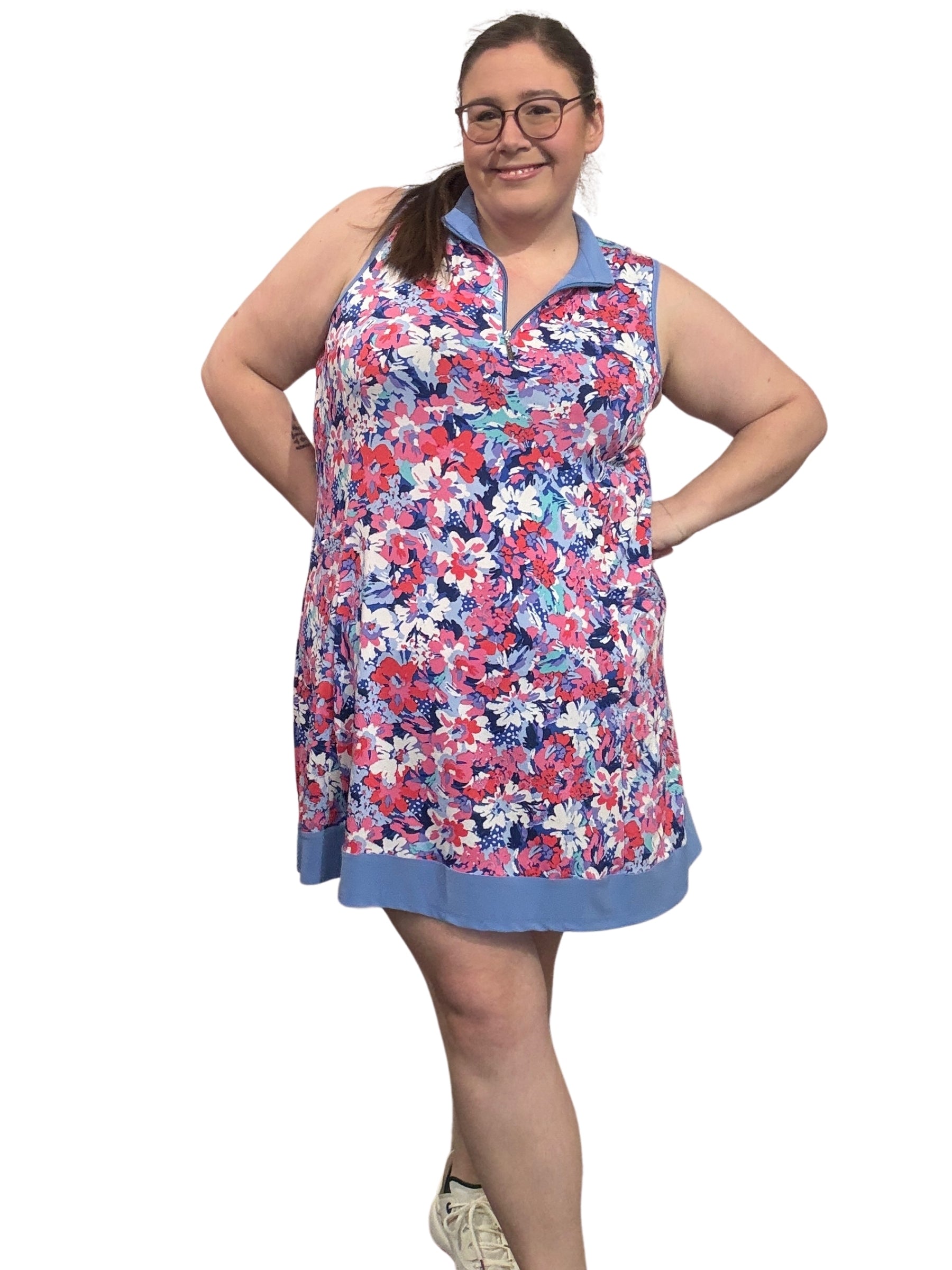 Robe De Golf Demi-Zip Donna Taille Plus - Fleuri Cobalt