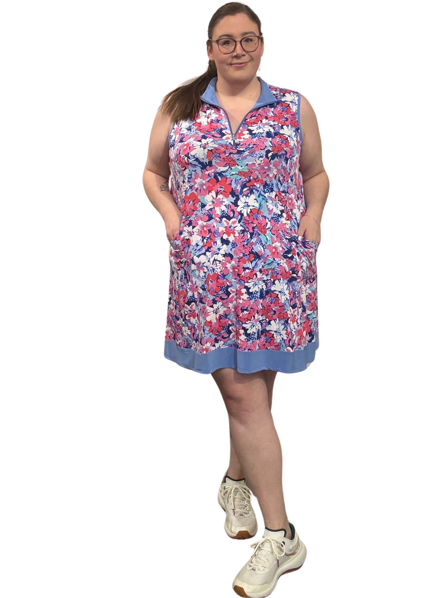 Robe De Golf Demi-Zip Donna Taille Plus - Fleuri Cobalt