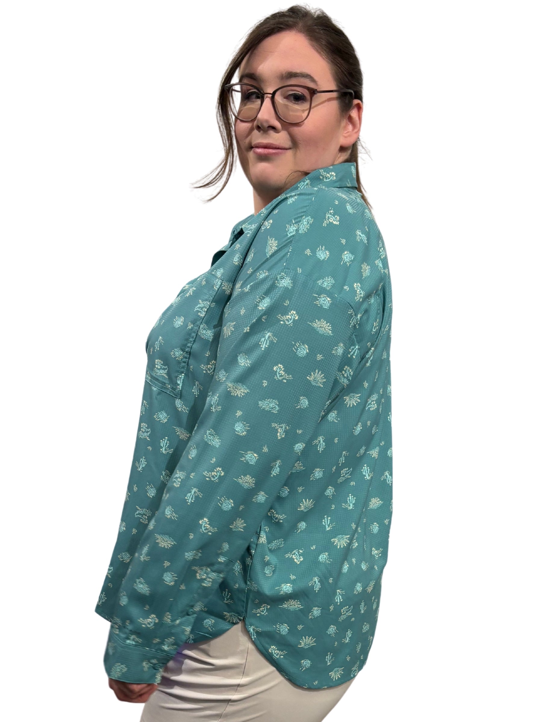 Plus Size Silver Ridge Utility Patterned Shirt - Teal Deserted