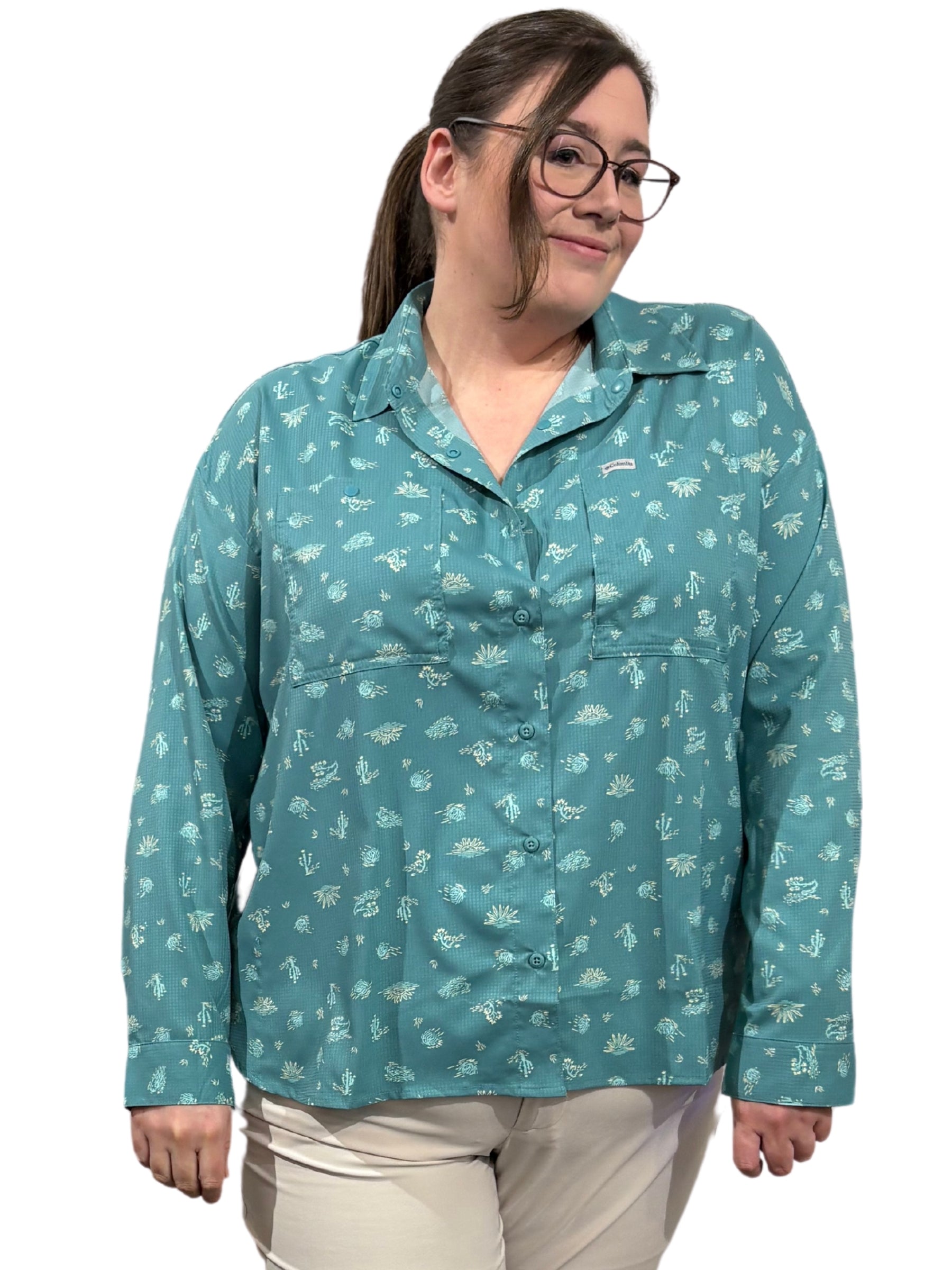 Plus Size Silver Ridge Utility Patterned Shirt - Teal Deserted