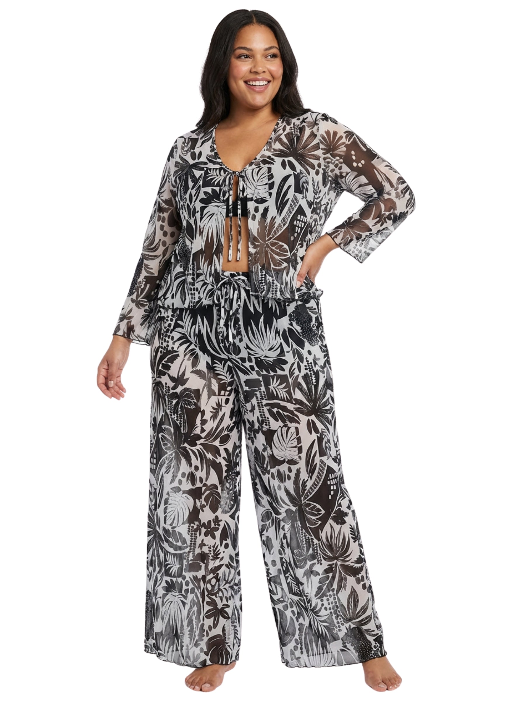 Sunset Shores Plus Size Bikini Cover-Up Top - Black & White