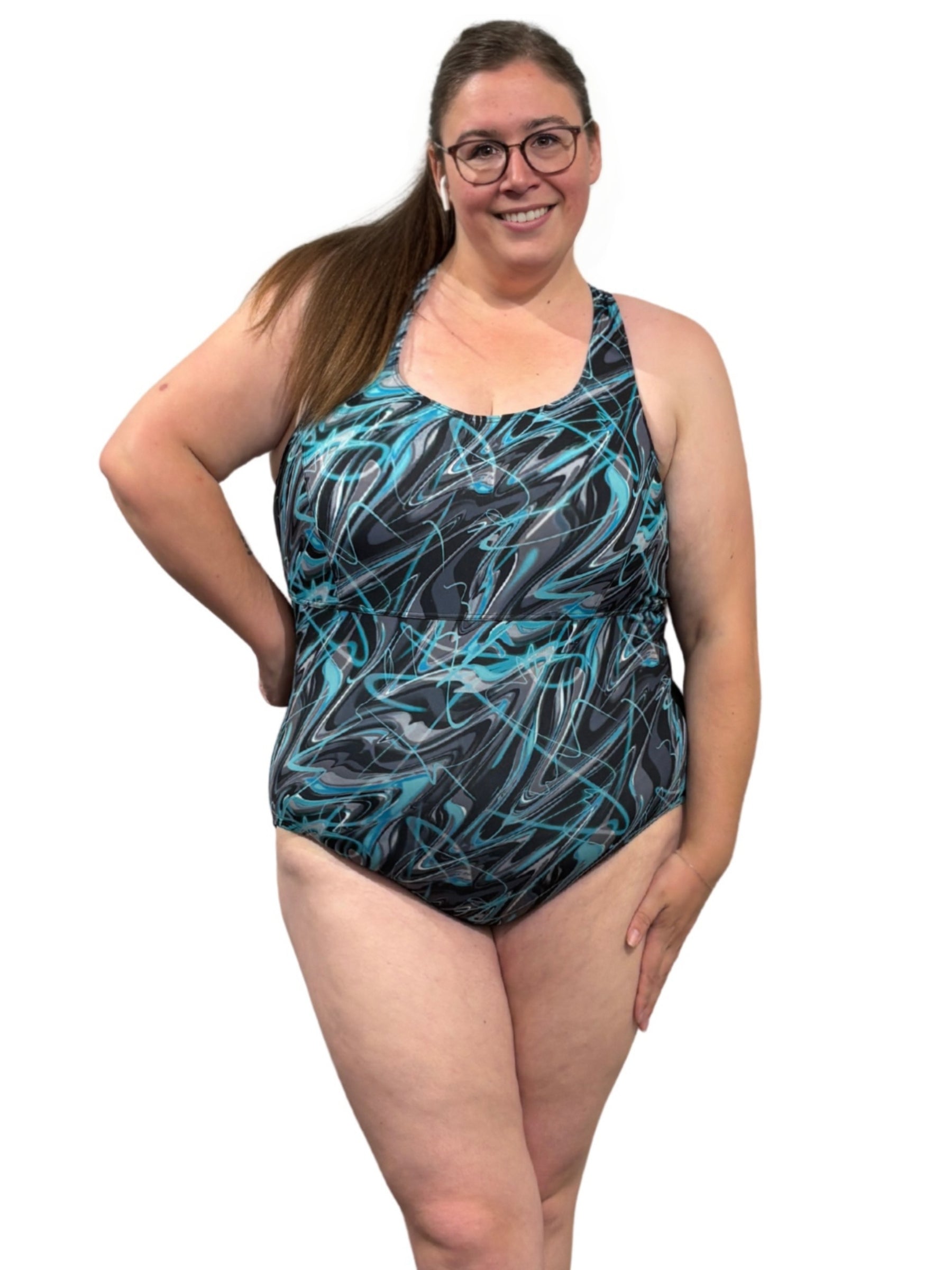 Plus Size Cross Back Swimsuit - Black Multi