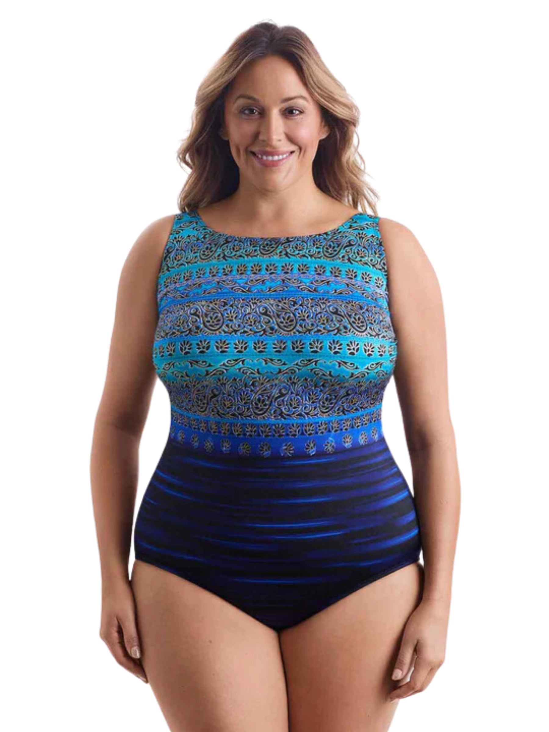 Just Shine Scoopback Highneck Long Torso Plus Size Swimsuit (Turquoise) By  Longitude