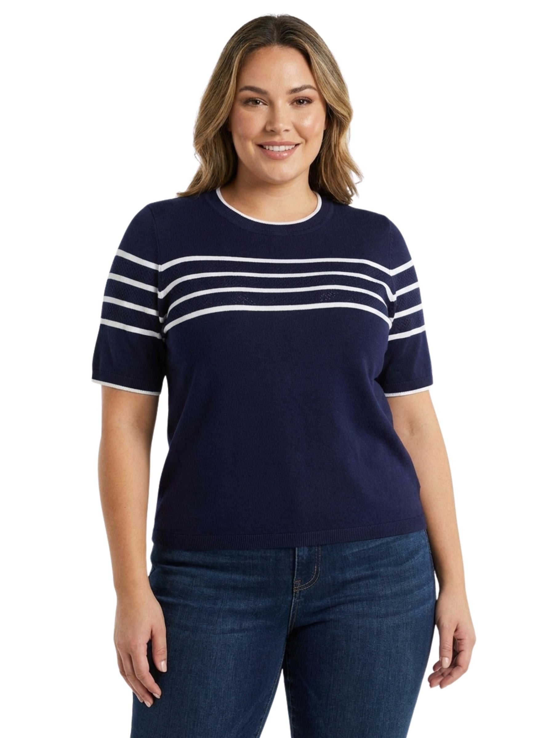 Chandail à Manches Courtes à Col Rond Taille Plus - Navy White Stripe