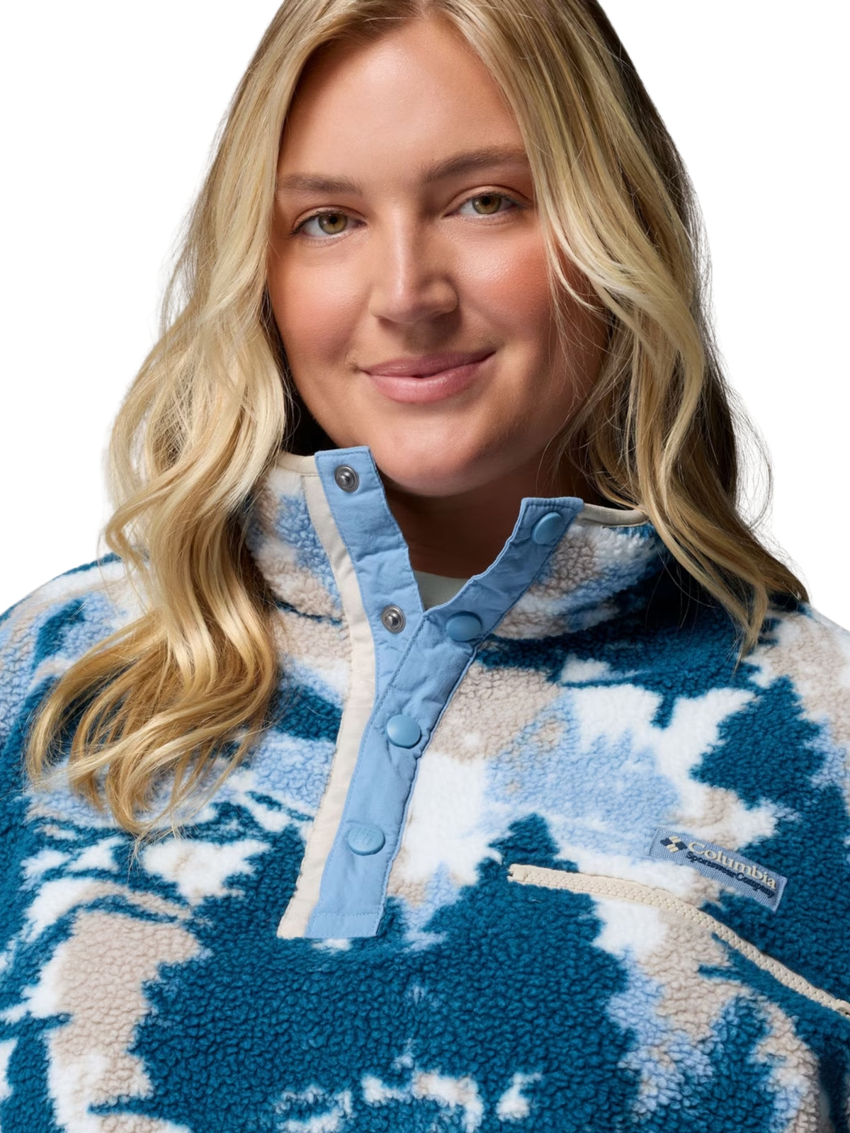 Plus Size Helvetia II Printed Cropped Fleece Snap-Up Sweater - Phoenix Blue Frostday