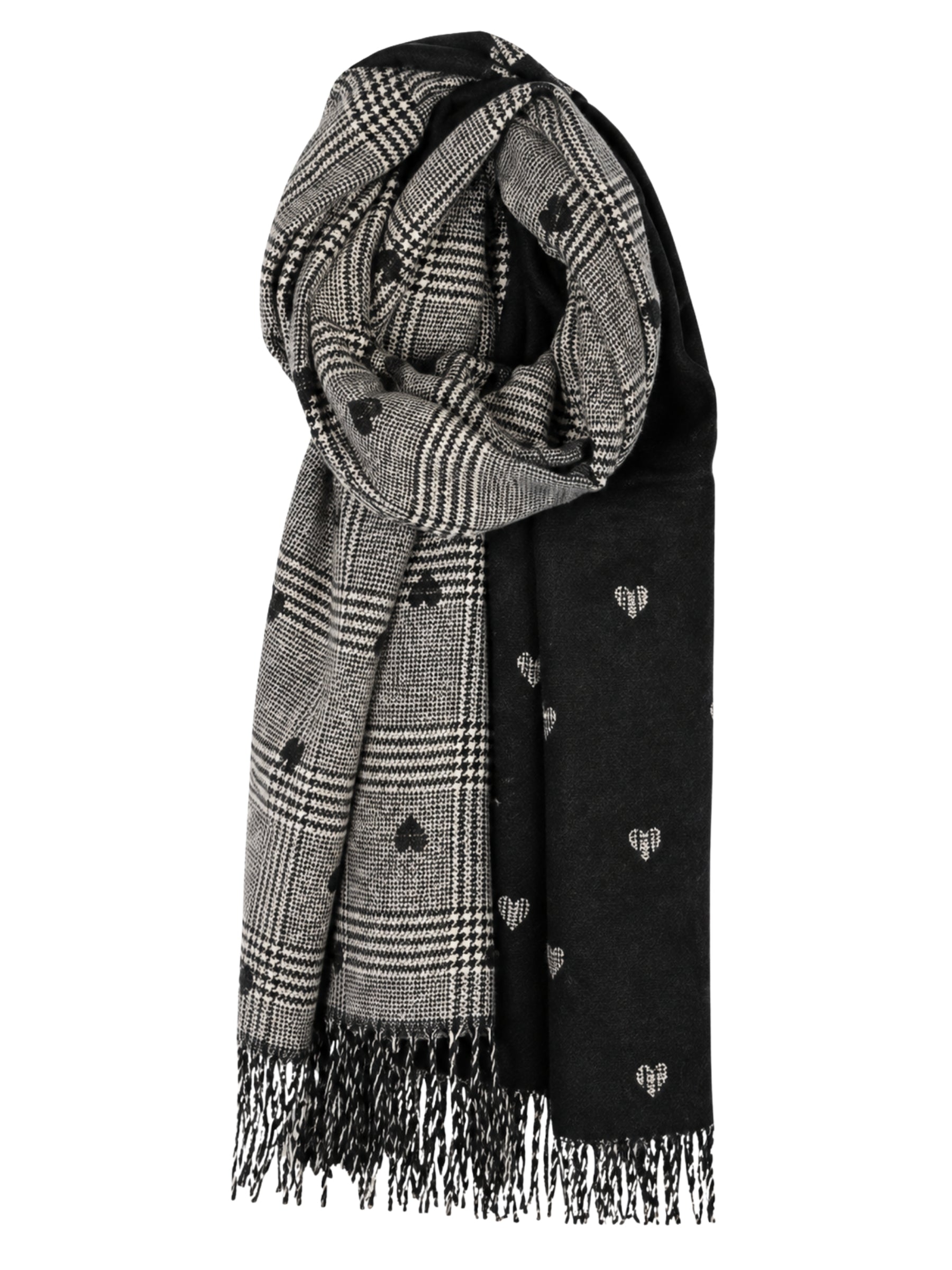 Foulard Chaud Avec Motifs à Carreaux et Petits Coeurs - Noir