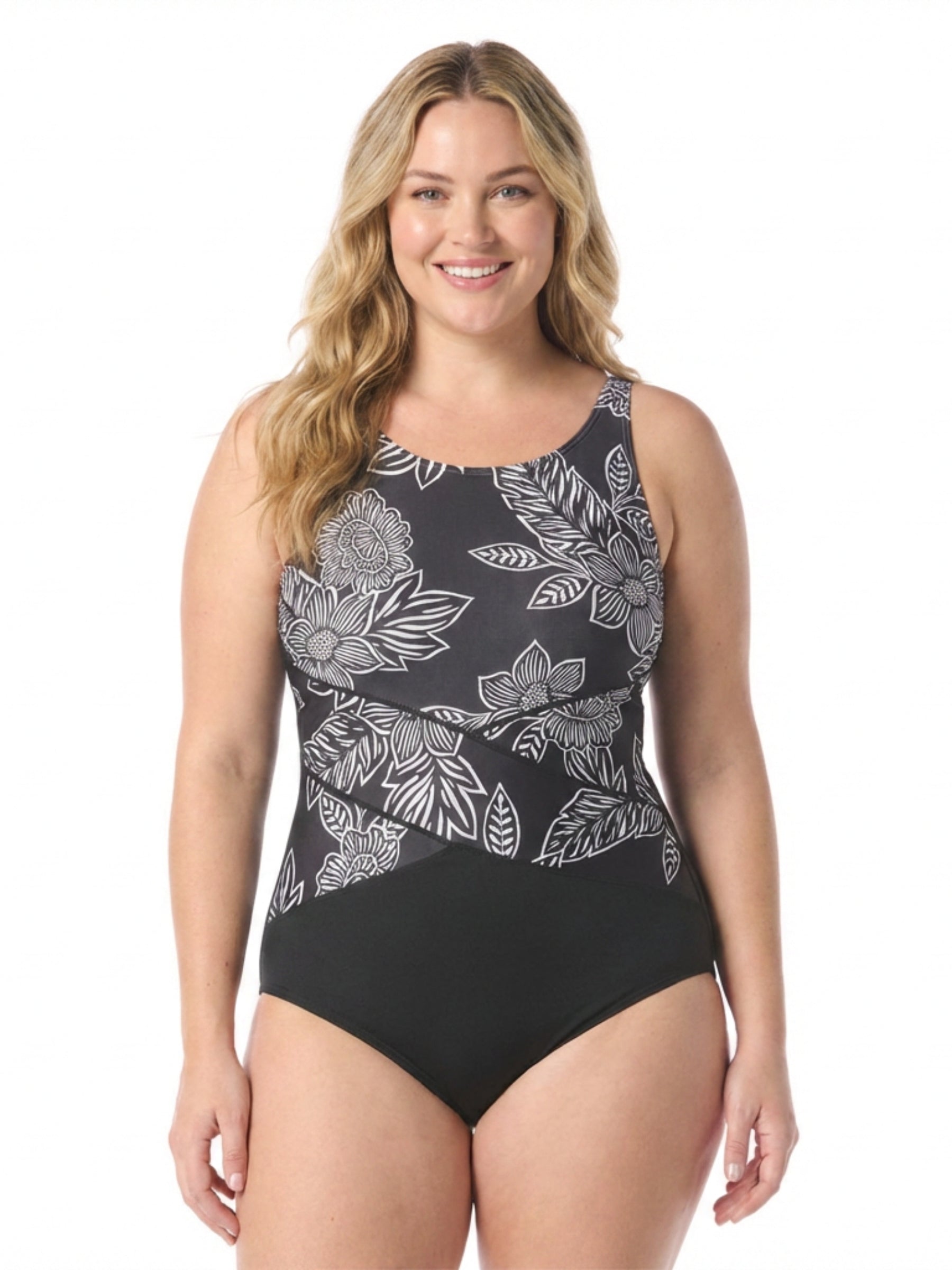 Maillot de Bain Encolure Haute Taille Plus (Bonnet C) - Noir & Blanc