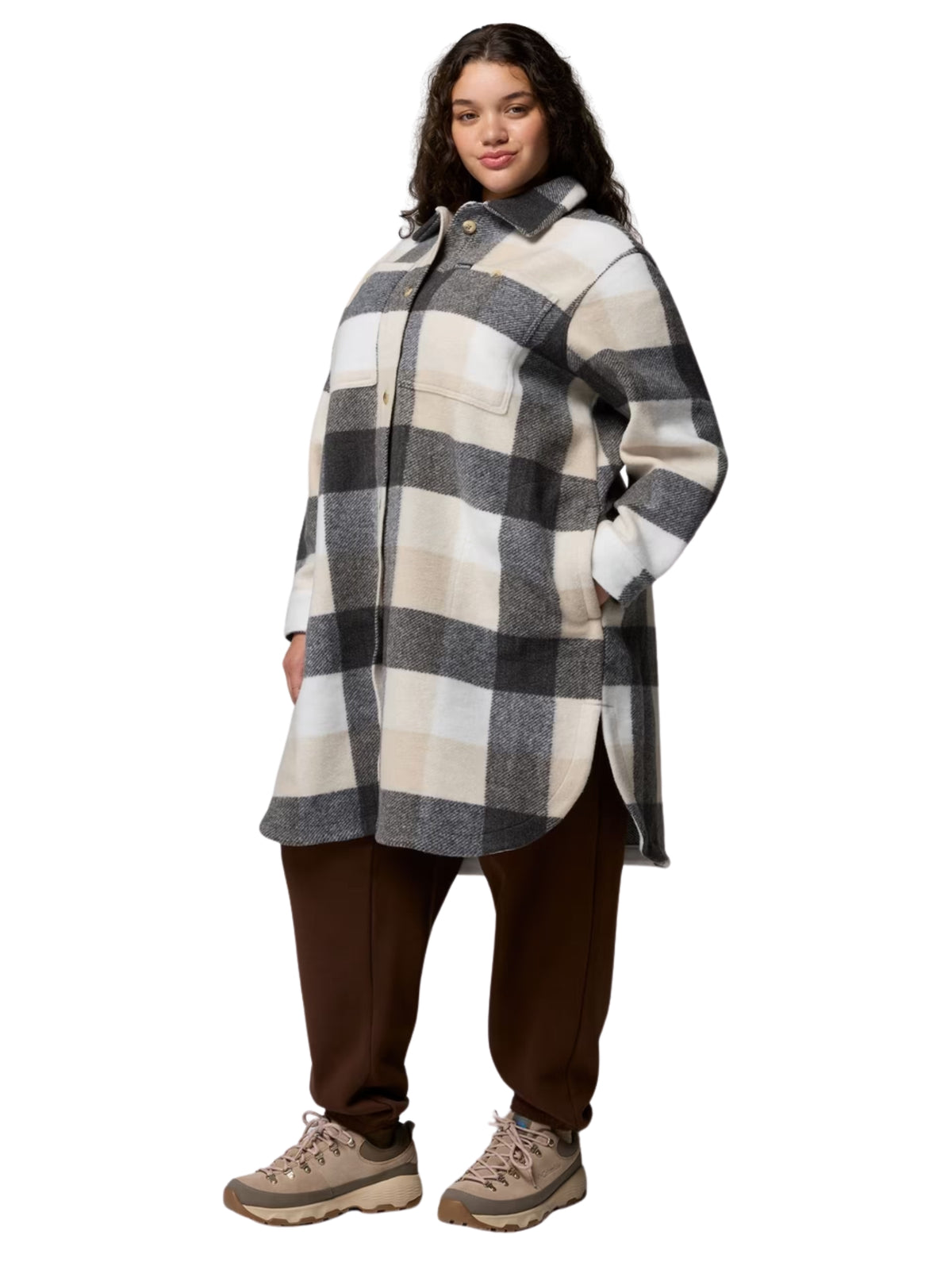 Wildest Venture Plus Size Lightweight Longline Fleece Coat - Dark Stone & Buffalo Check