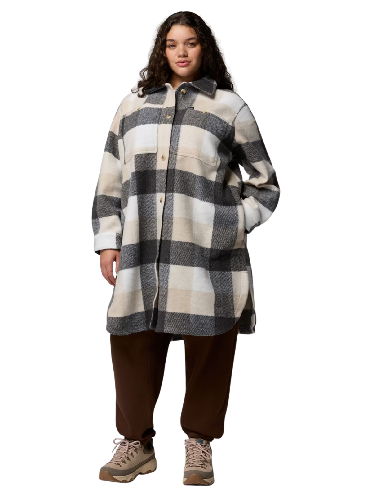 Wildest Venture Plus Size Lightweight Longline Fleece Coat - Dark Stone & Buffalo Check