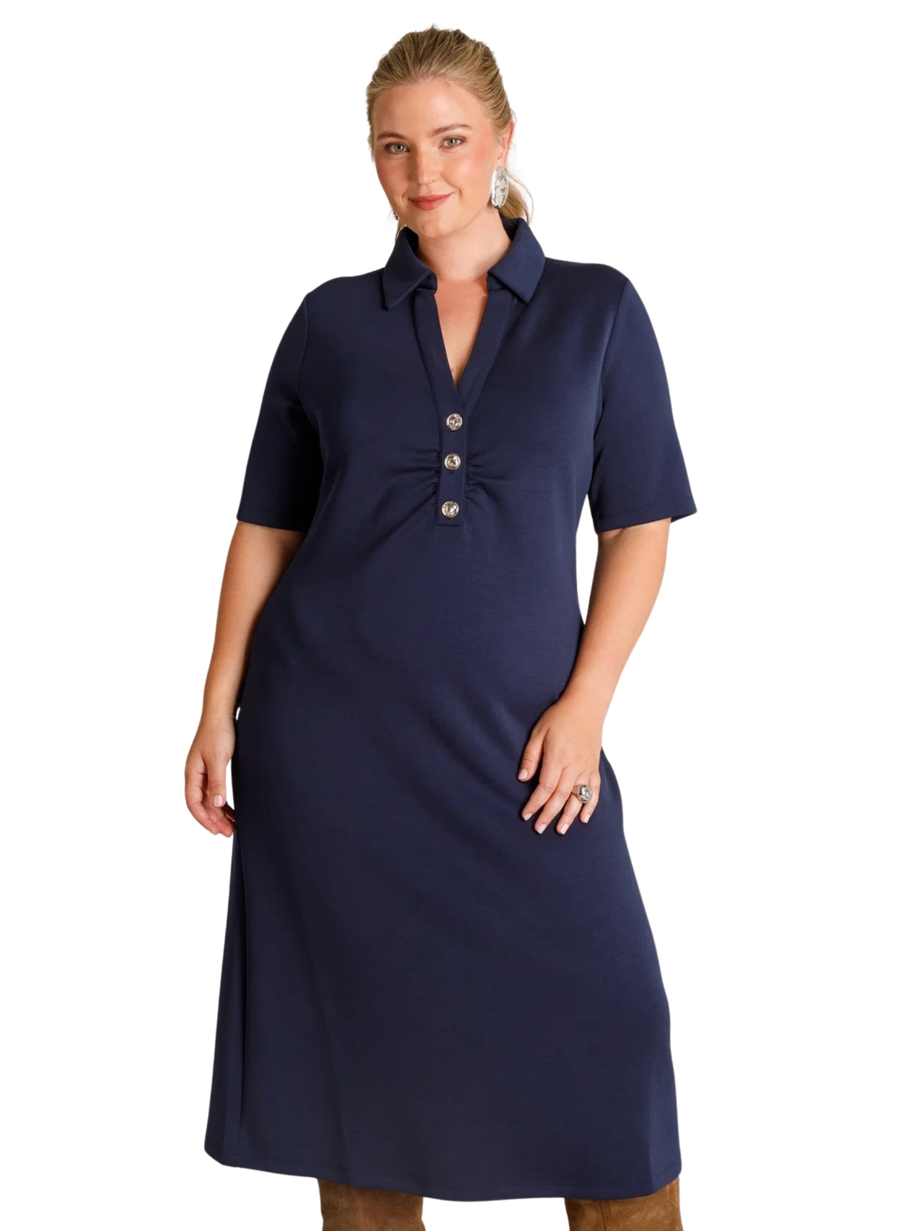 Thalia Plus Size Collared Shirt Dress - Dark Blue