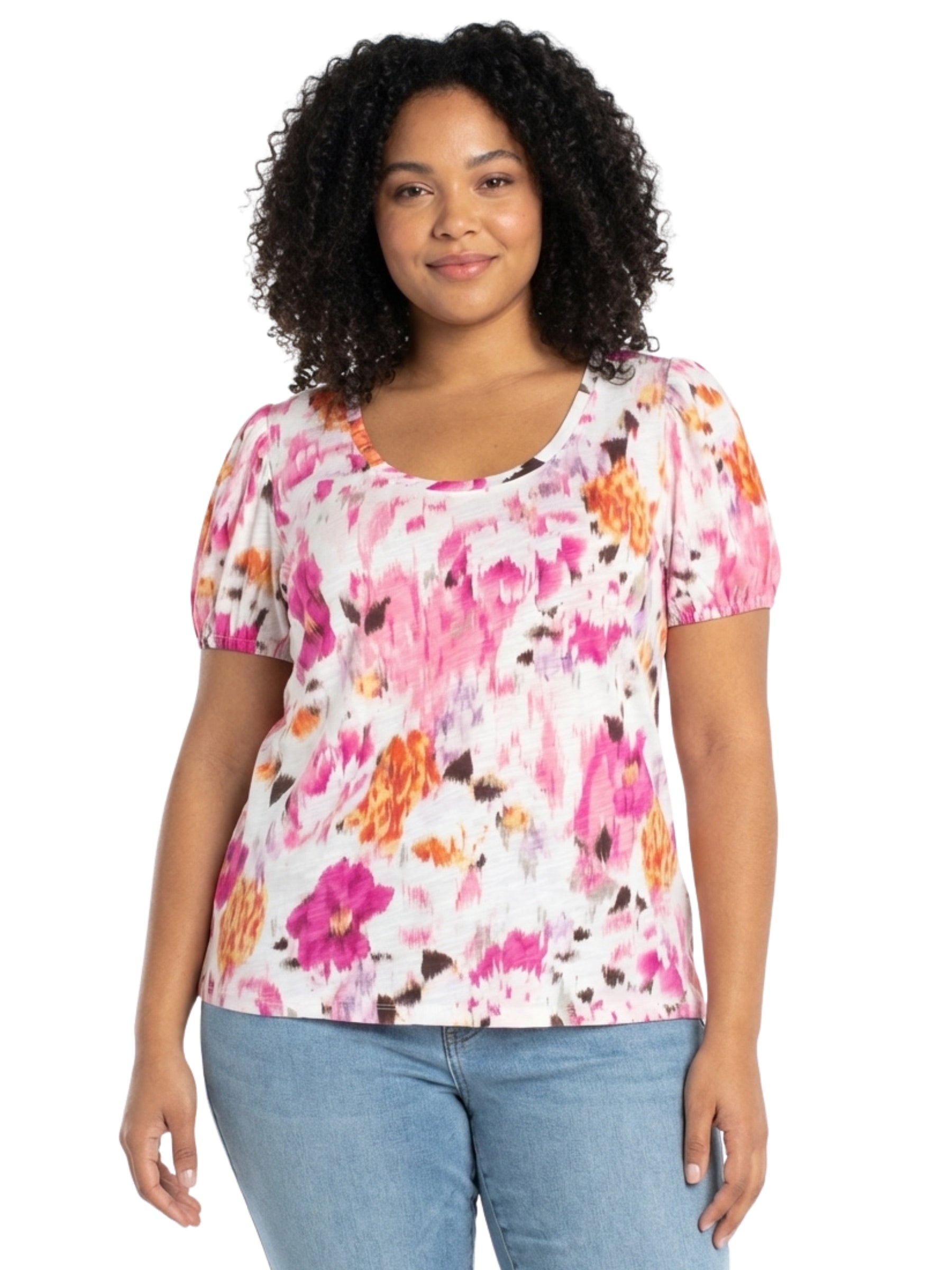T-shirt à Manches Bouffantes et Encolure Rond Taille Plus - Pink Multi Floral