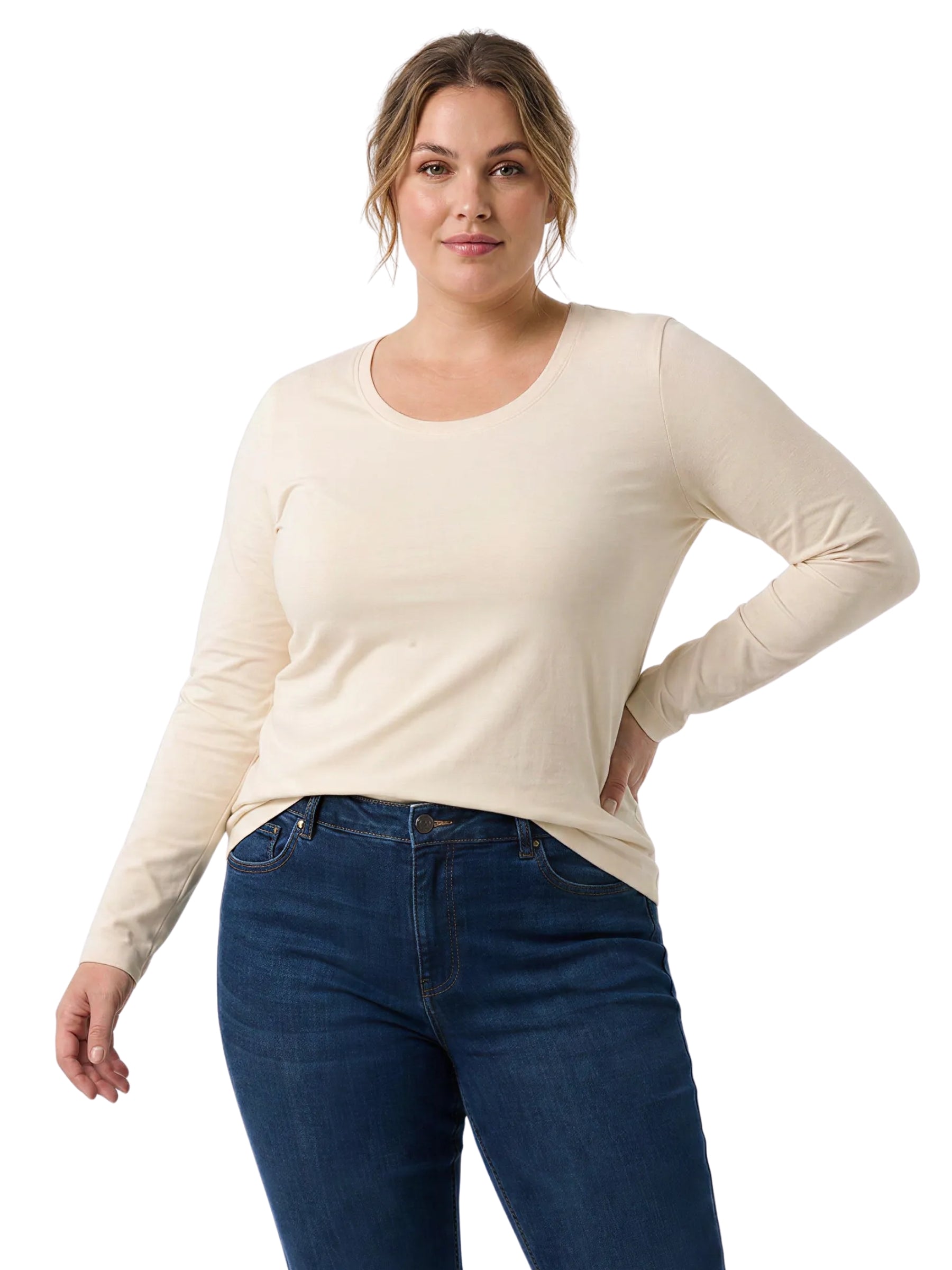 Tanzia Plus Size Long Sleeve T-Shirt - Cream Beige