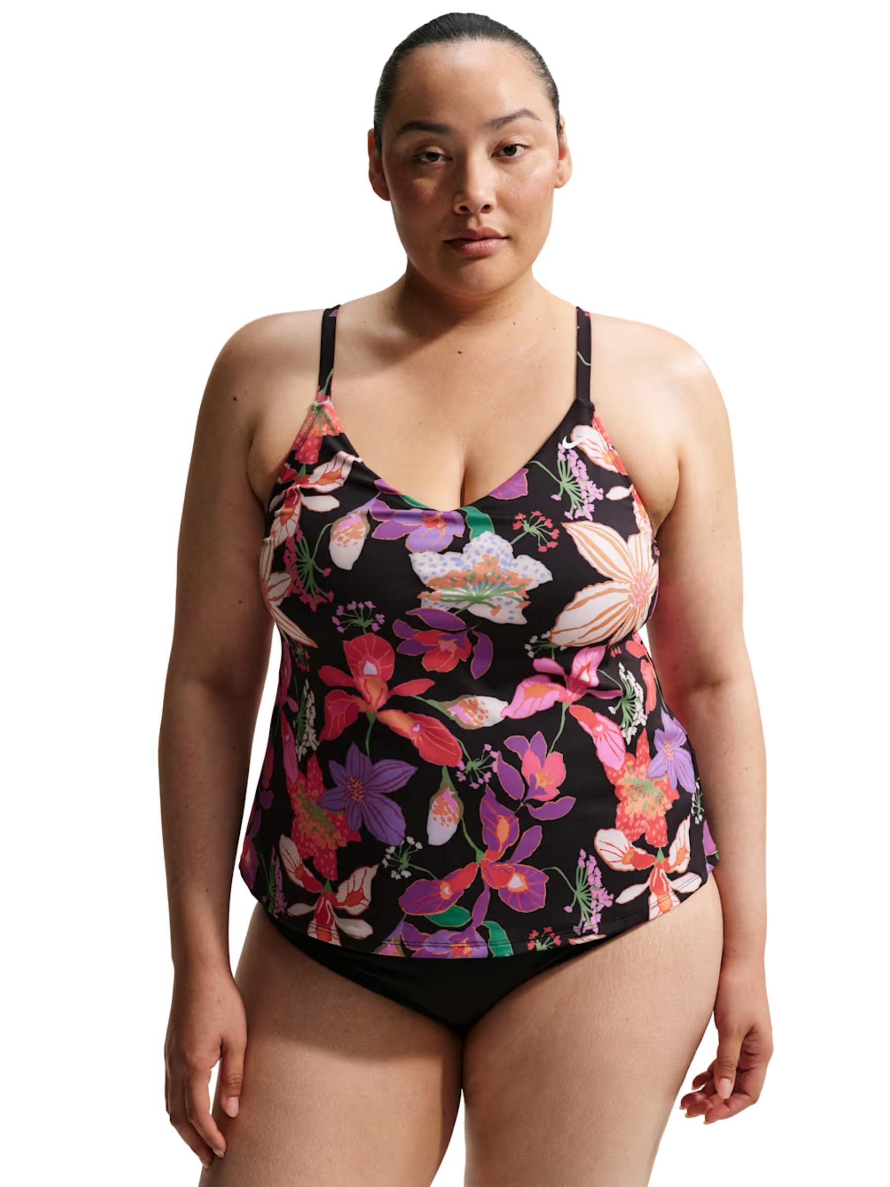 Tankini Fleuri à Encolure V Taille Plus - Noir