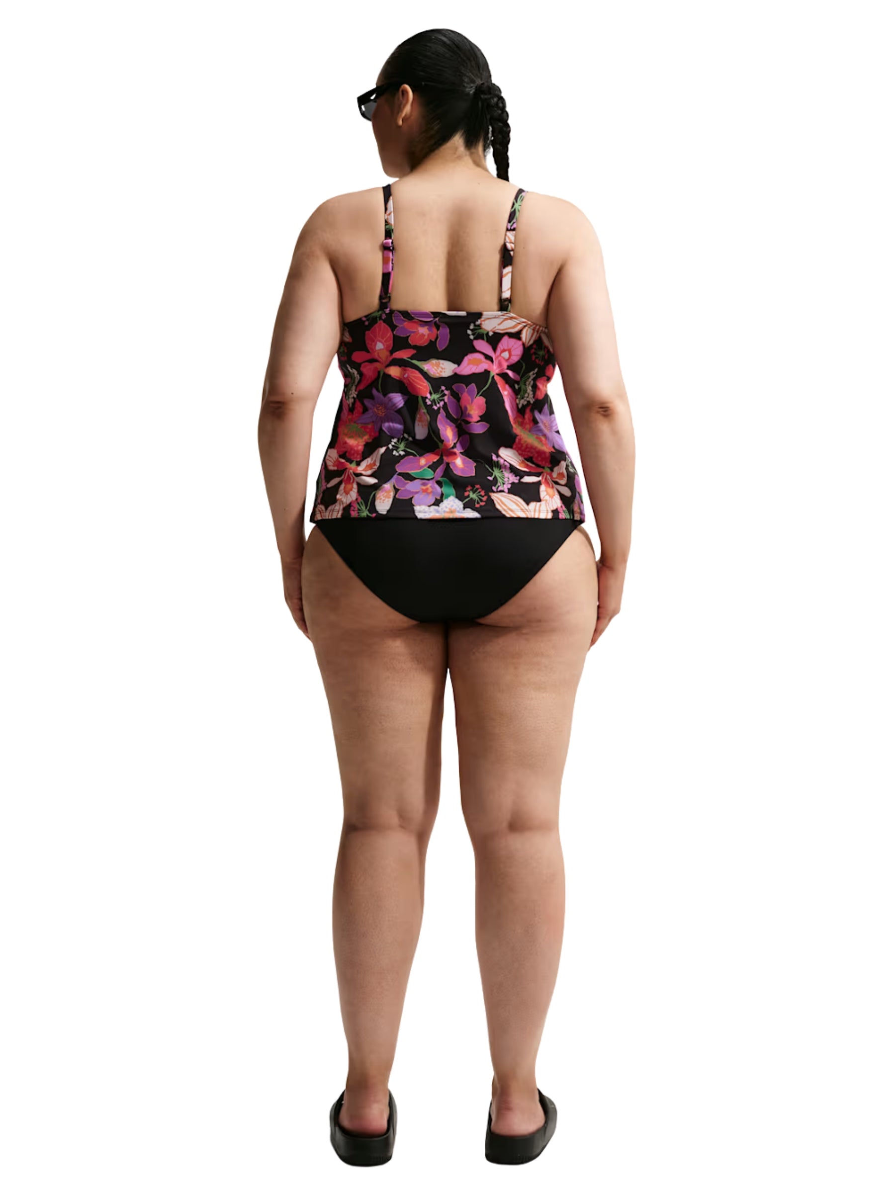 Tankini Fleuri à Encolure V Taille Plus - Noir