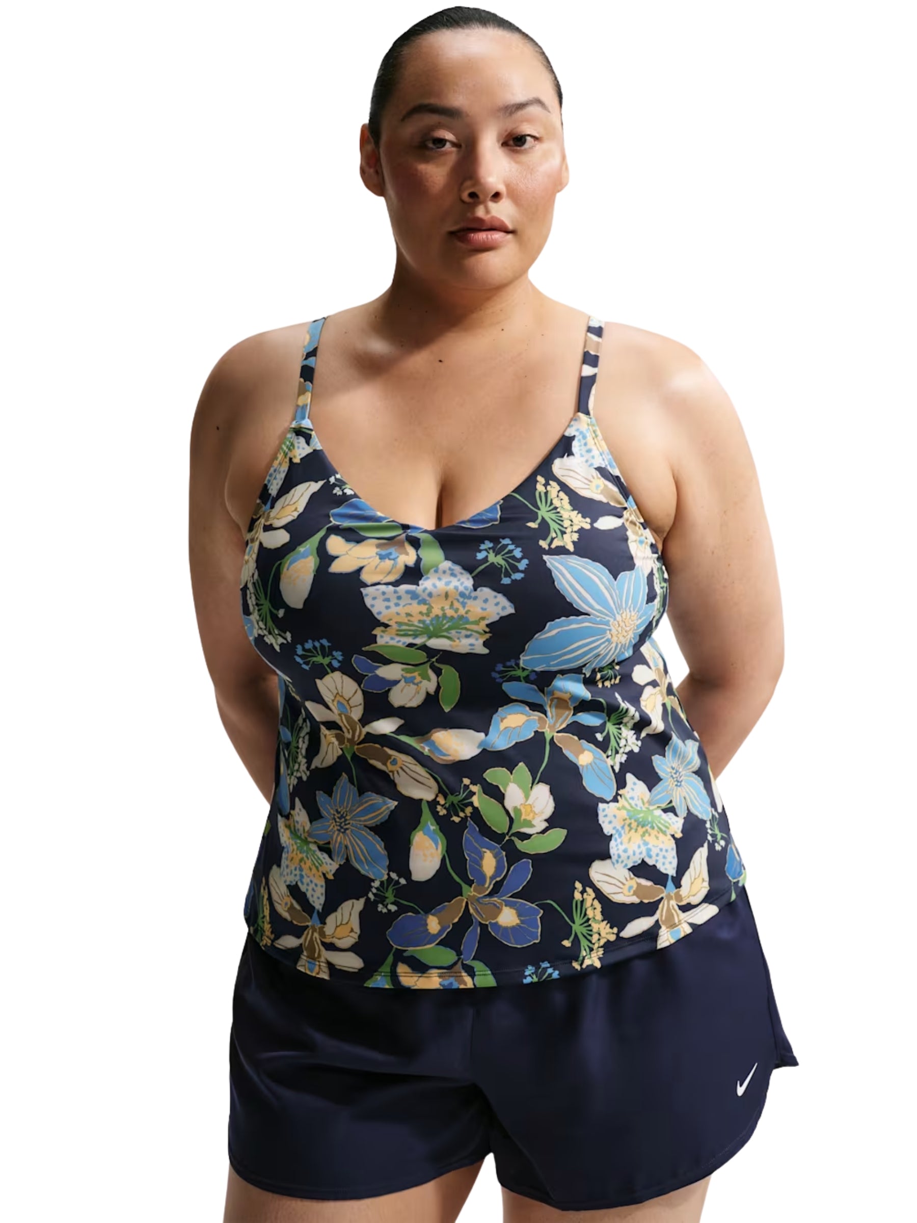 Tankini Fleuri à Encolure V Taille Plus - Midnight Navy
