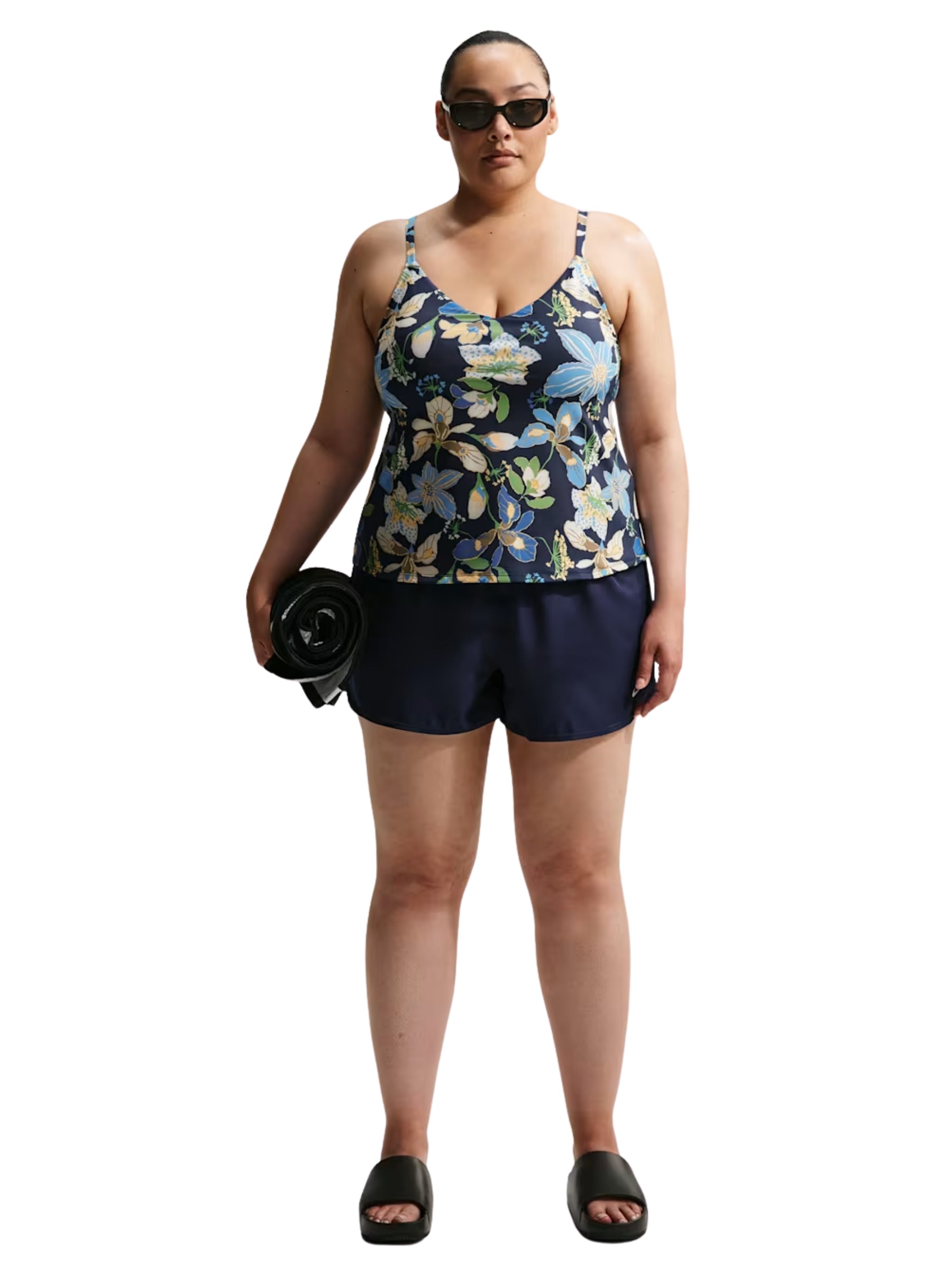 Tankini Fleuri à Encolure V Taille Plus - Midnight Navy