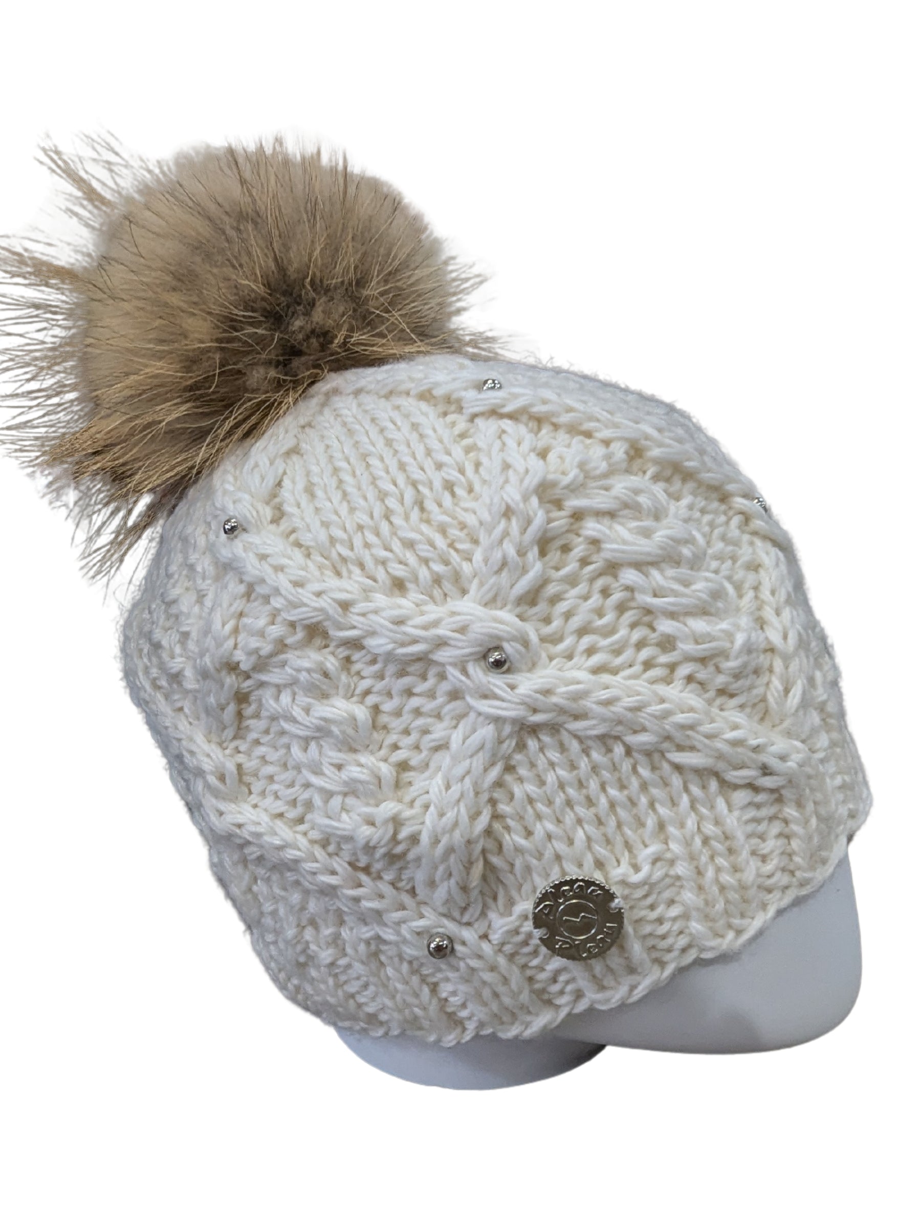 Tuque avec Perles Argent et Pompon en Raton Détachable (Blanc) de Pleau