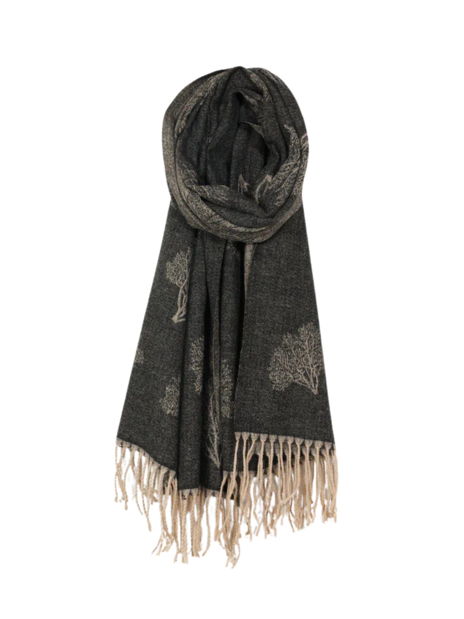 Foulard Soyeux à Frange et Imprimé Arbre - Noir