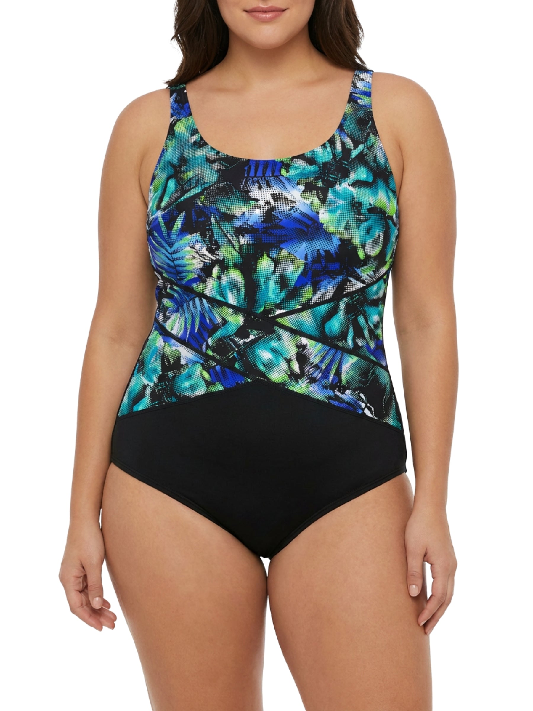 Maillot de Bain Encolure Haute Taille Plus (Bonnet C) - Noir & Bleu