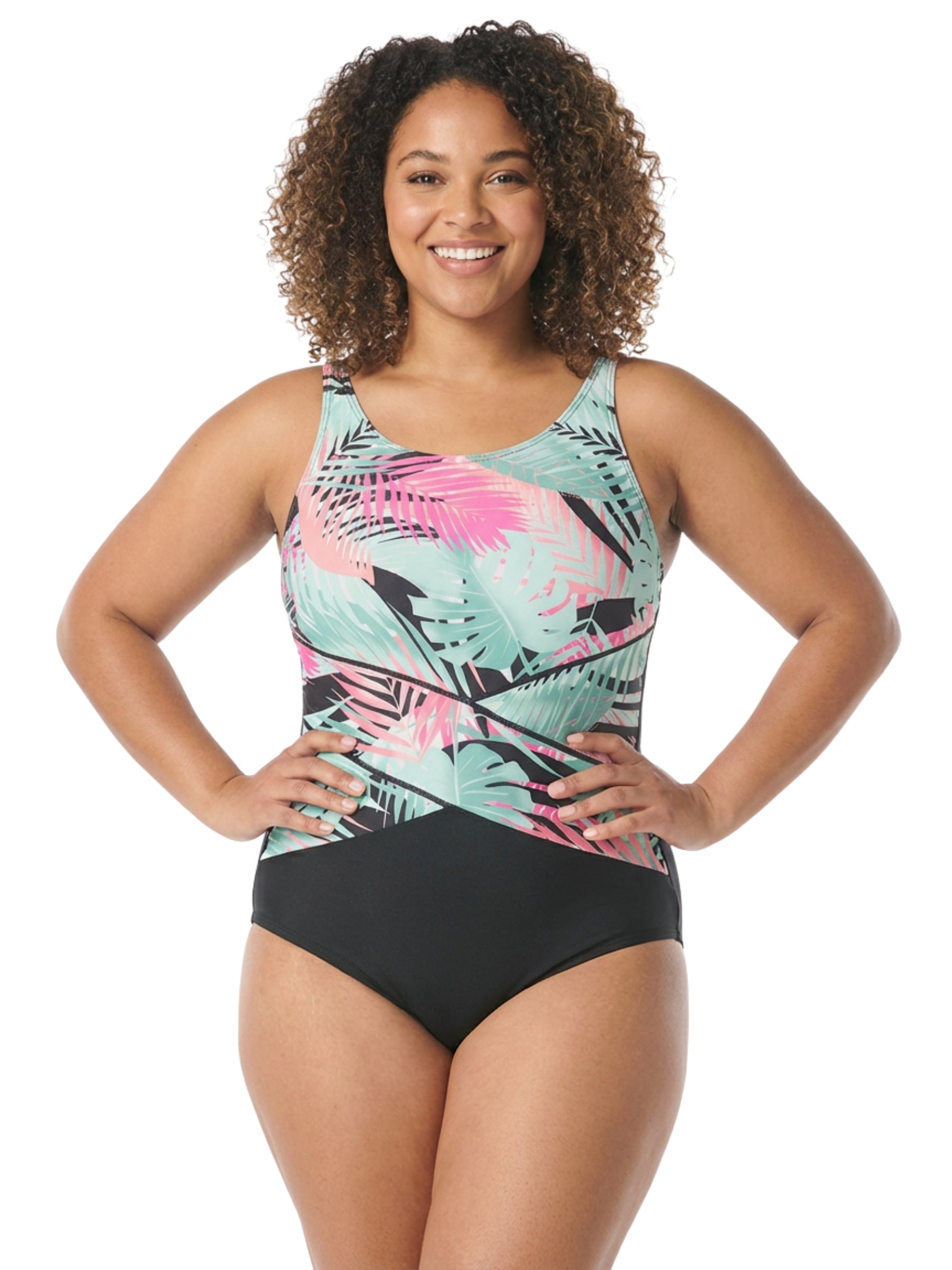 Maillot de Bain Encolure Haute Taille Plus (Bonnet C) - Noir Multi