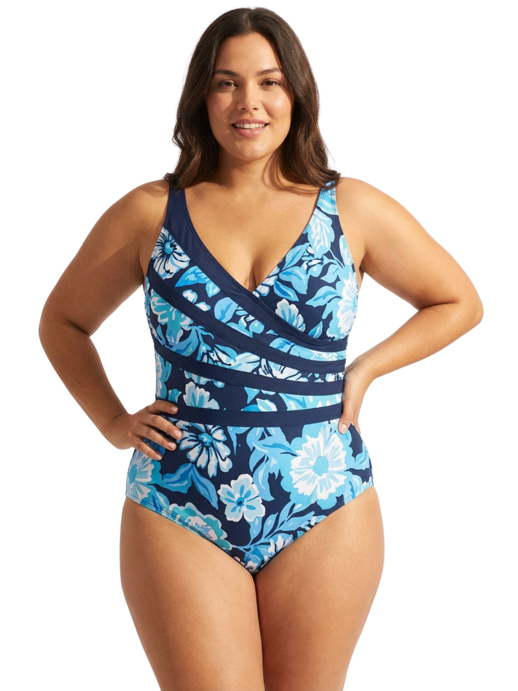 Wisteria Fan Splice Tank Swimsuit Plus Size - Navy