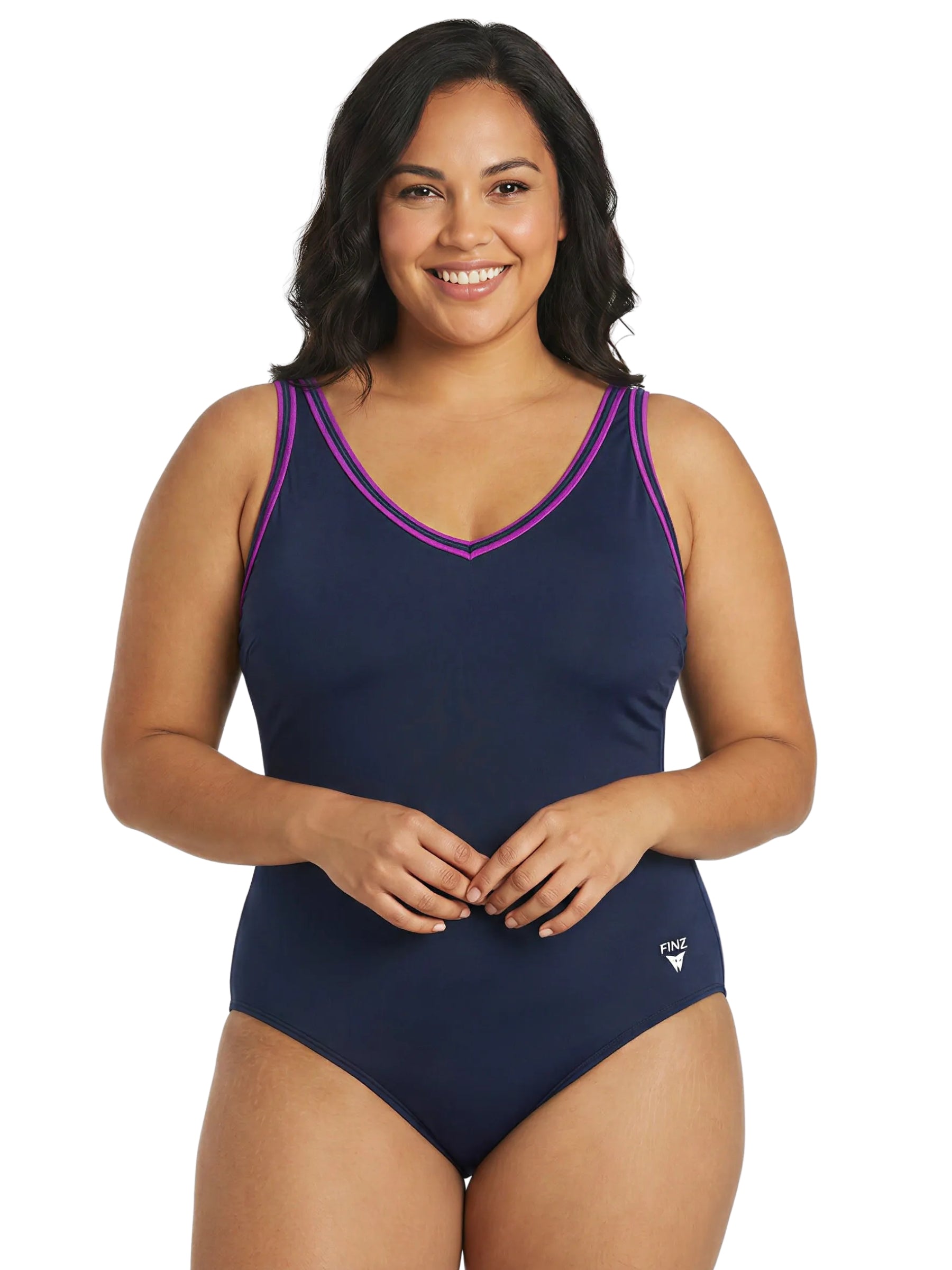Maillot de Bain Encolure en V Taille Plus - Marine & Mauve