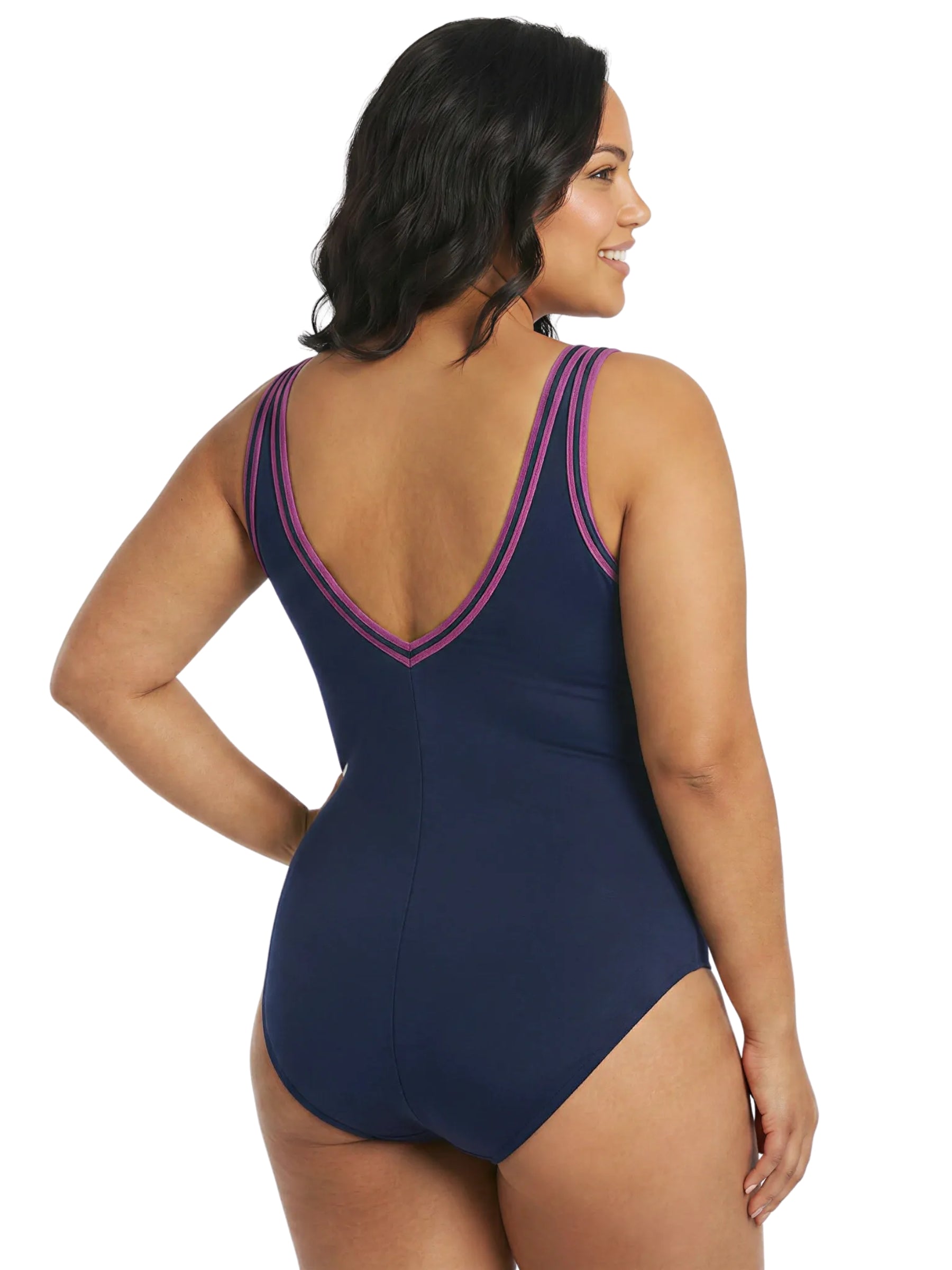Maillot de Bain Encolure en V Taille Plus - Marine & Mauve