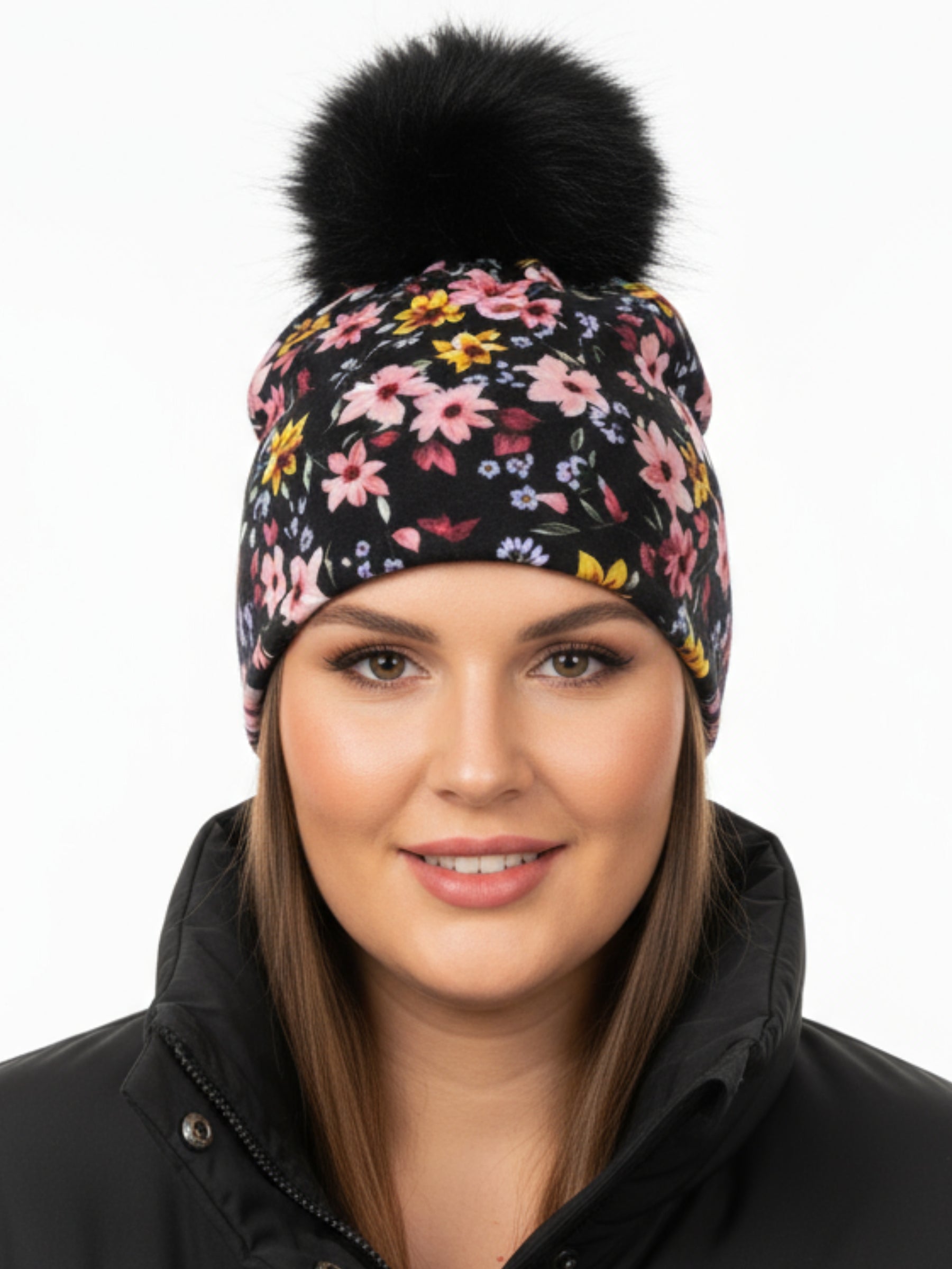 Tuque Aquarelle Florale - Noir (Pompon Noir)