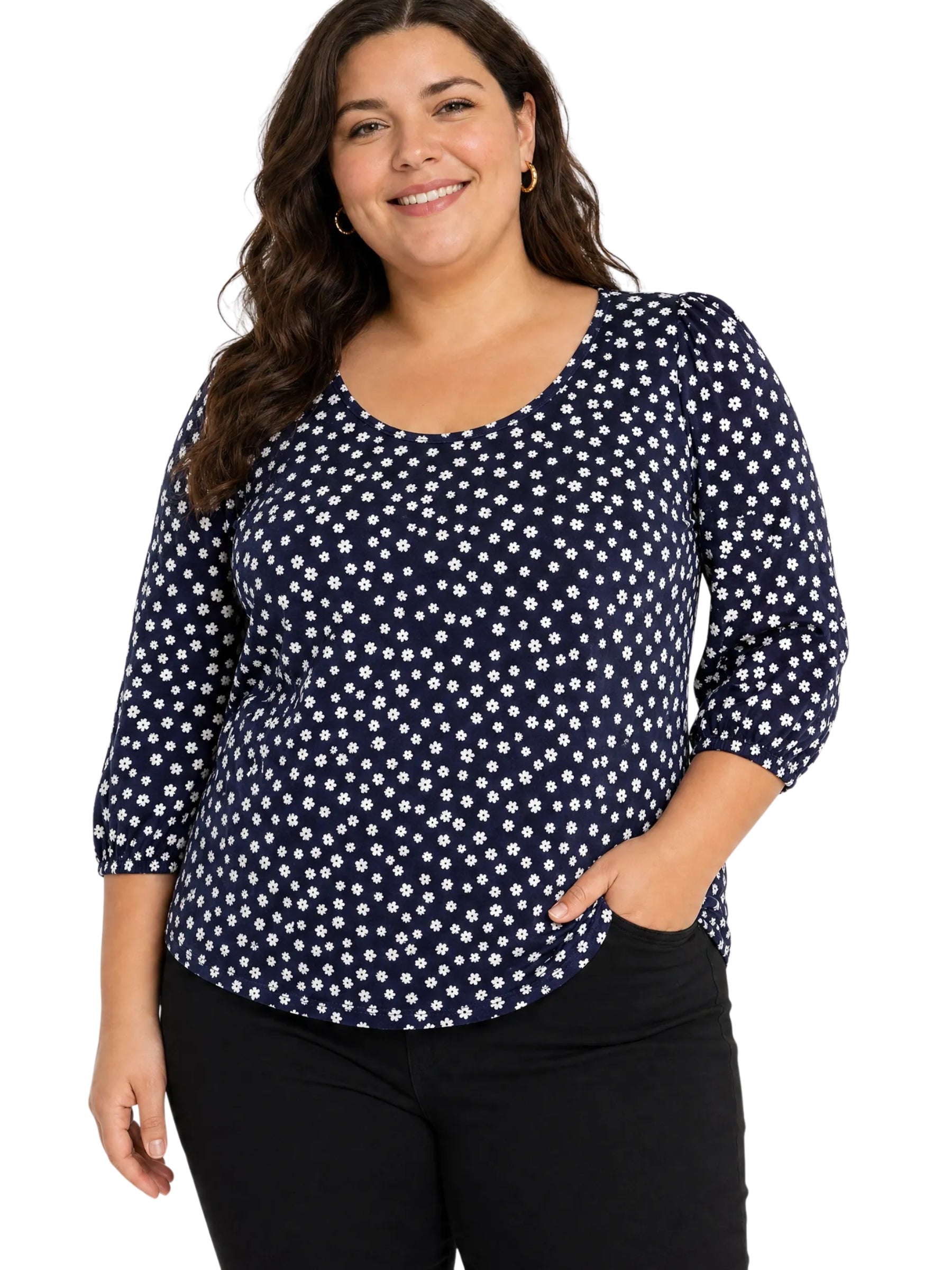 Chandail à manches volantées 3/4 Taille Plus - Navy White Ditsy