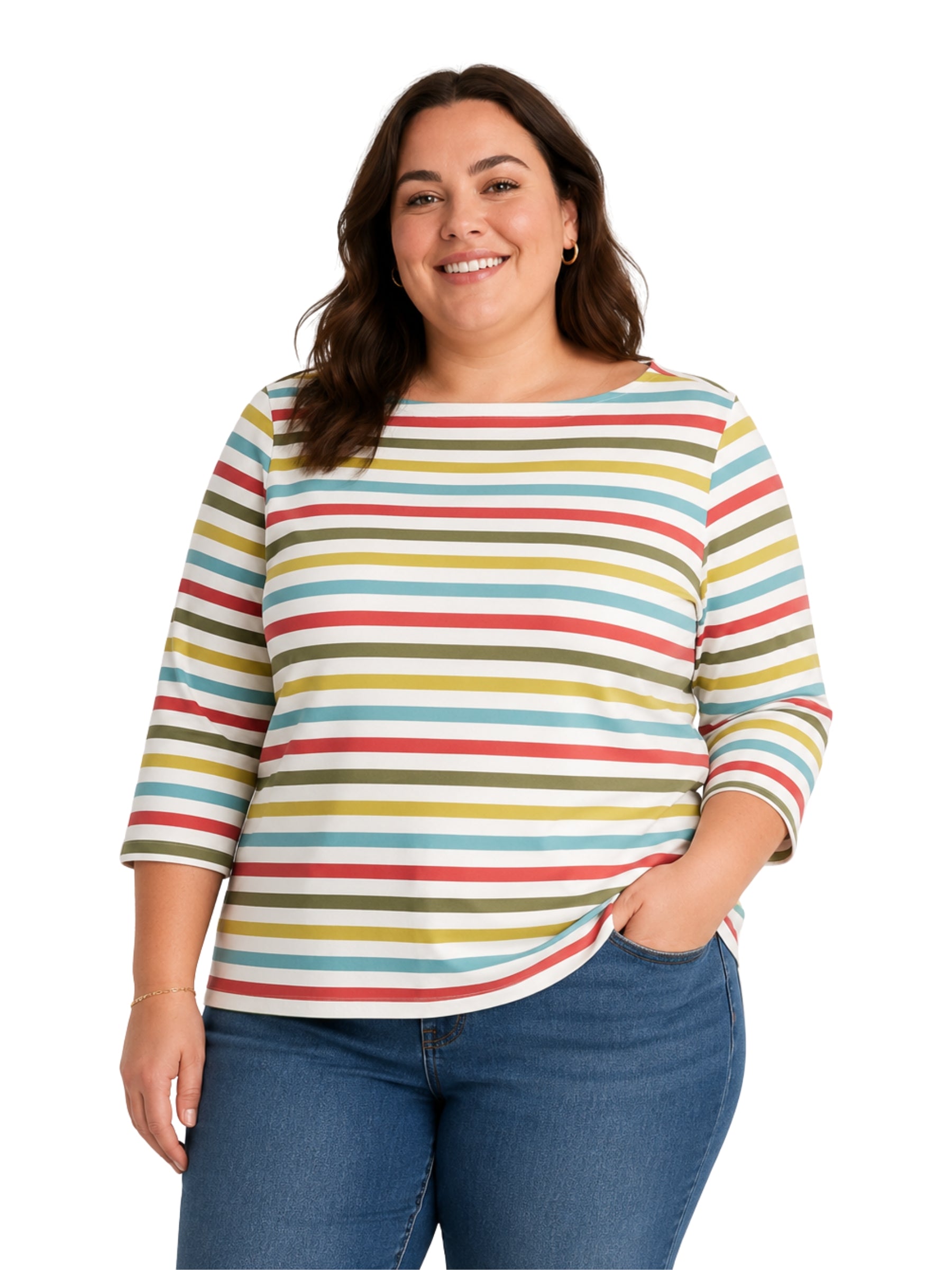 Plus Size 3/4 Sleeve Sailor Top - Quad Breton Avocado