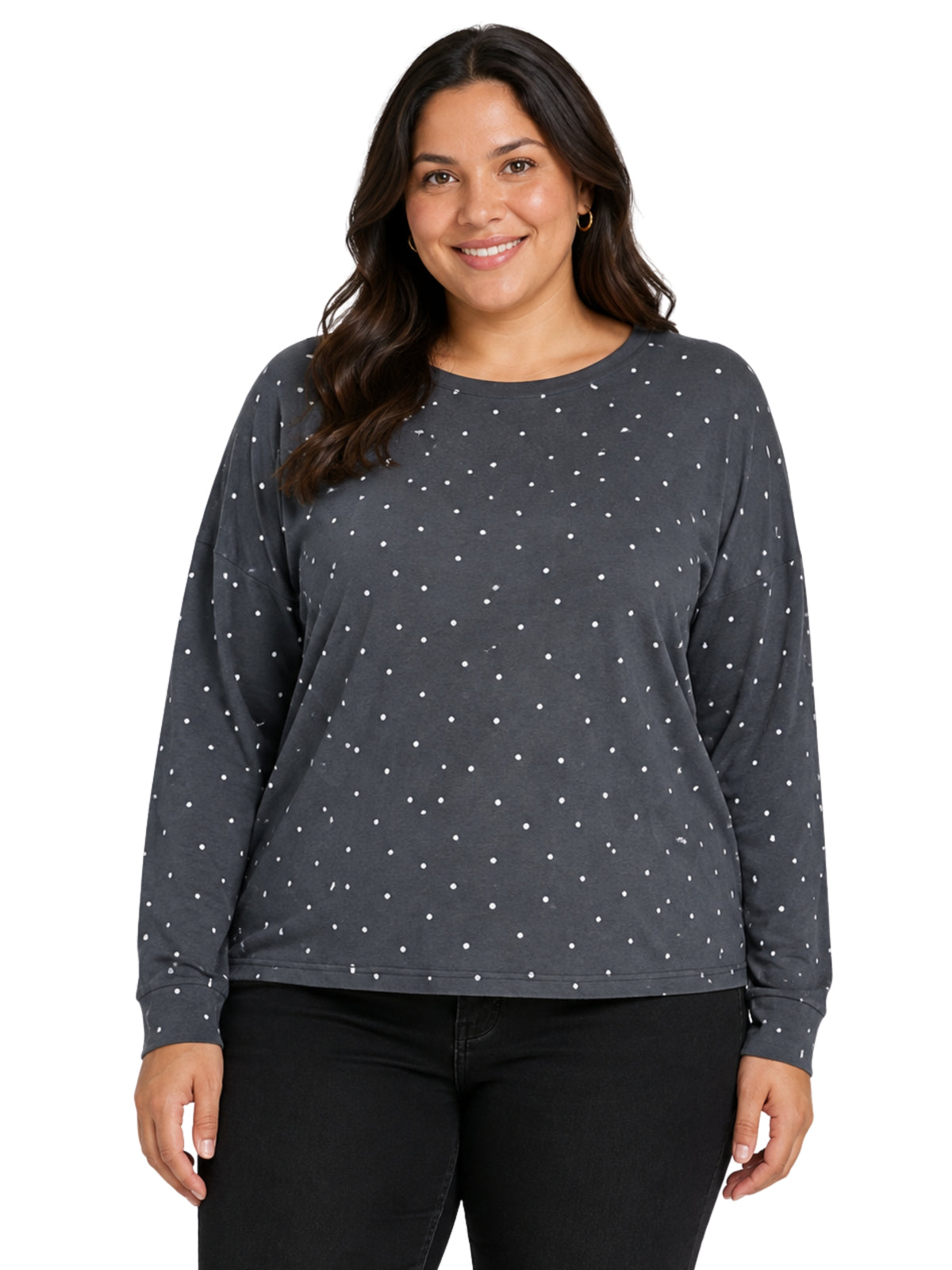 Shimona Long Dots Plus Size Long Sleeve Tee - Dark Grey