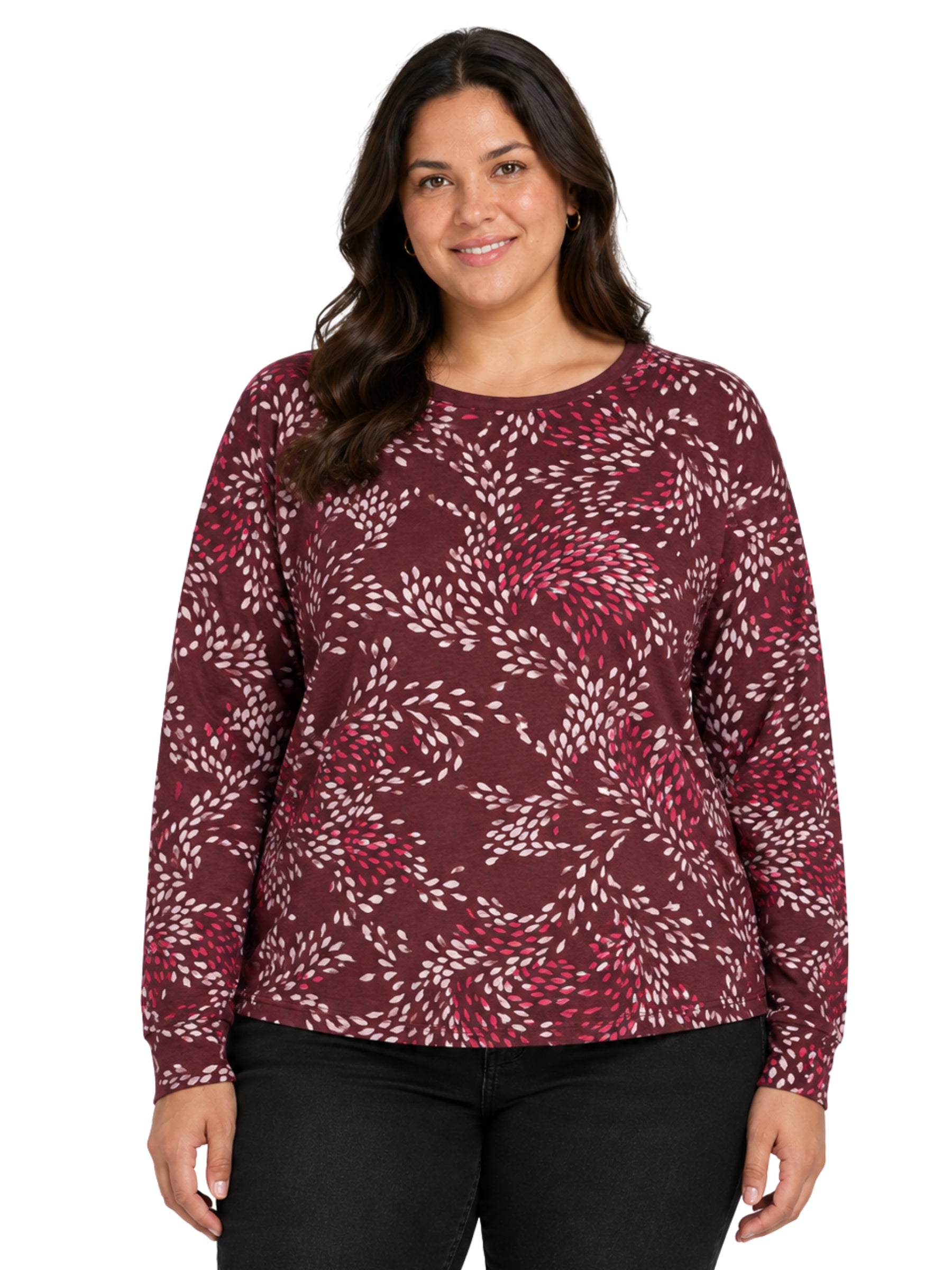 Shimona Plus Size Long Print Long Sleeve Tee - Wine