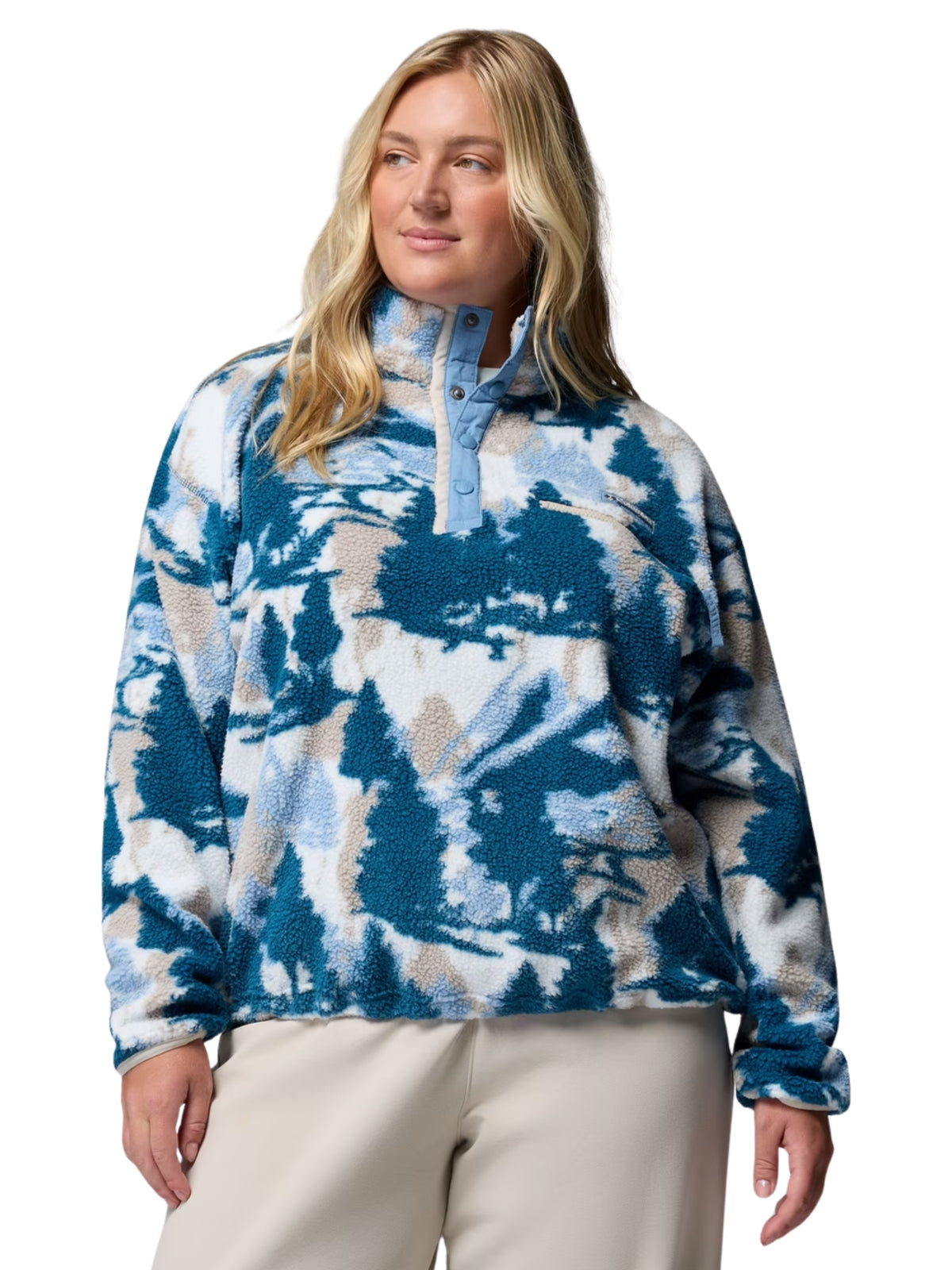 Plus Size Helvetia II Printed Cropped Fleece Snap-Up Sweater - Phoenix Blue Frostday