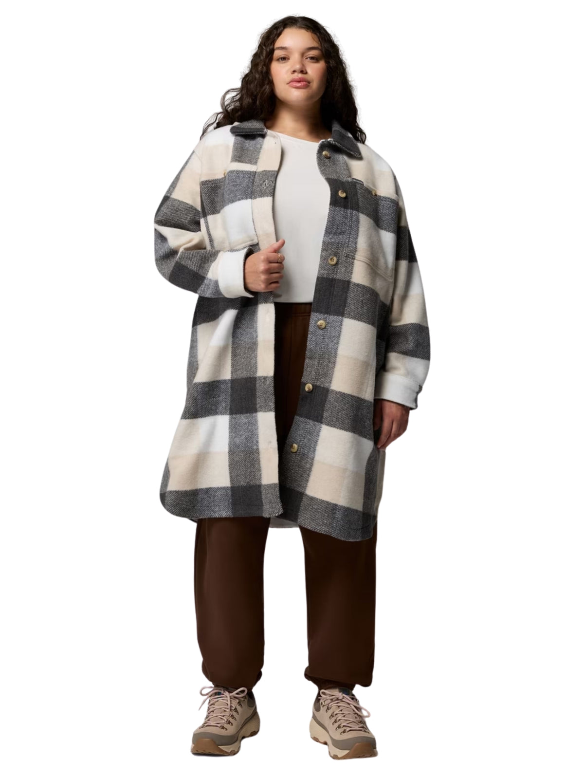 Wildest Venture Plus Size Lightweight Longline Fleece Coat - Dark Stone & Buffalo Check