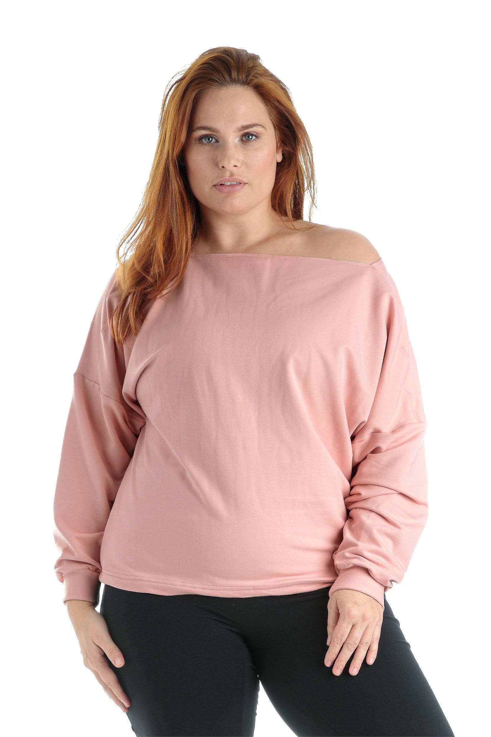 MOOV Activewear Plus Size Off-Shore Asymmetrical Neck Sweater (Flamingo)