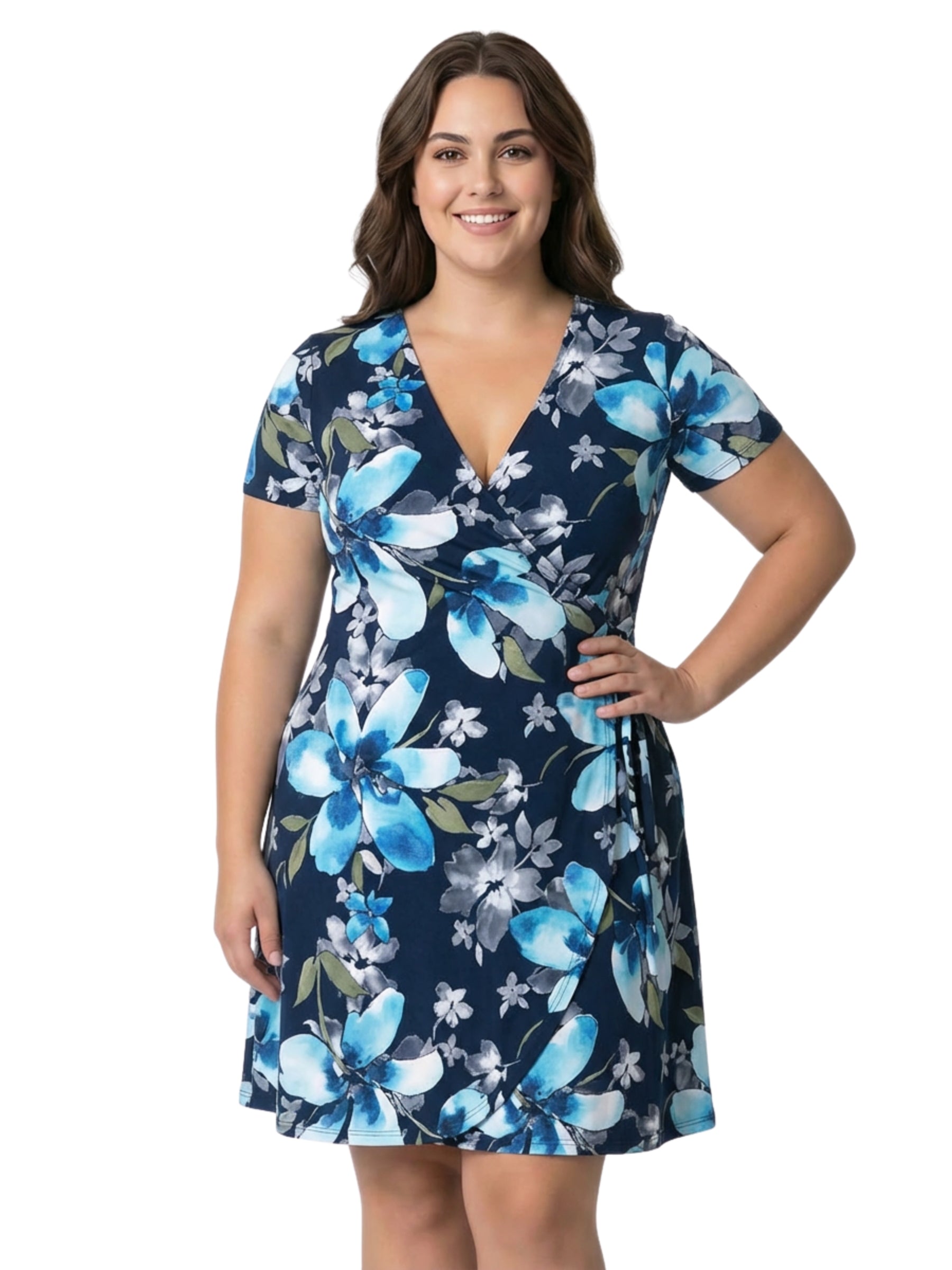 Robe Cache-coeur Shoreline Chic Taille Plus - Fleurs Bleues