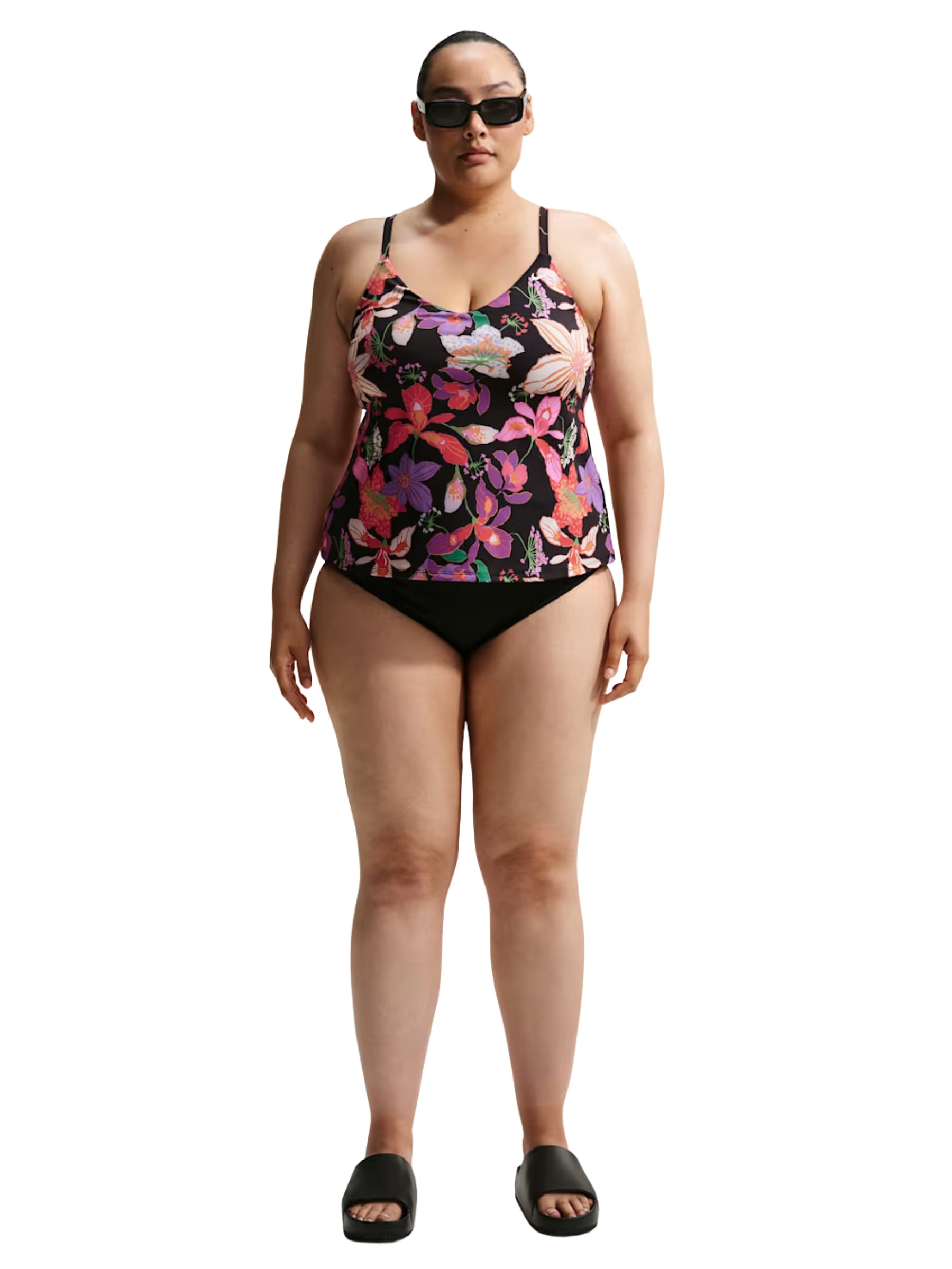 Tankini Fleuri à Encolure V Taille Plus - Noir