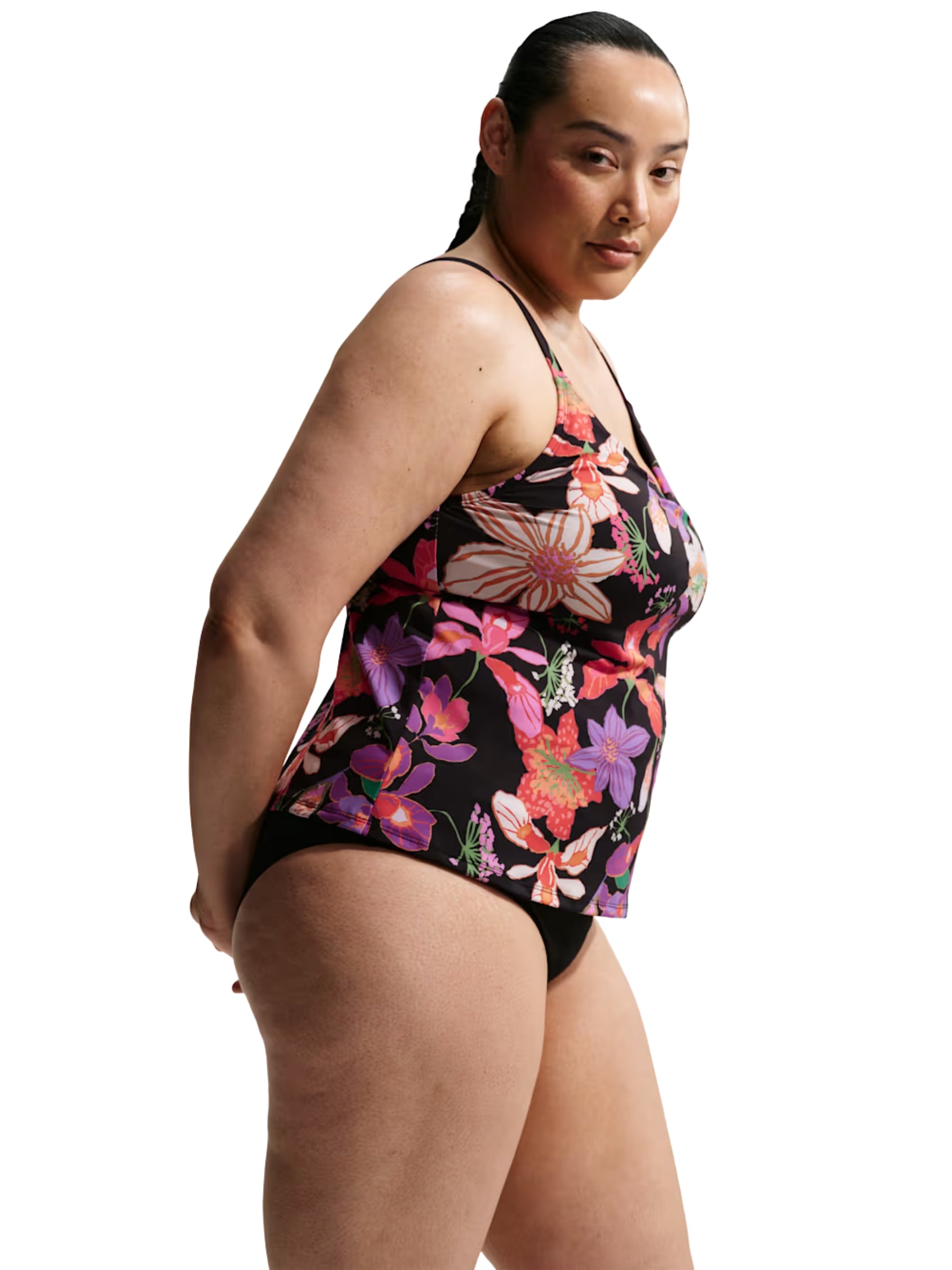 Tankini Fleuri à Encolure V Taille Plus - Noir