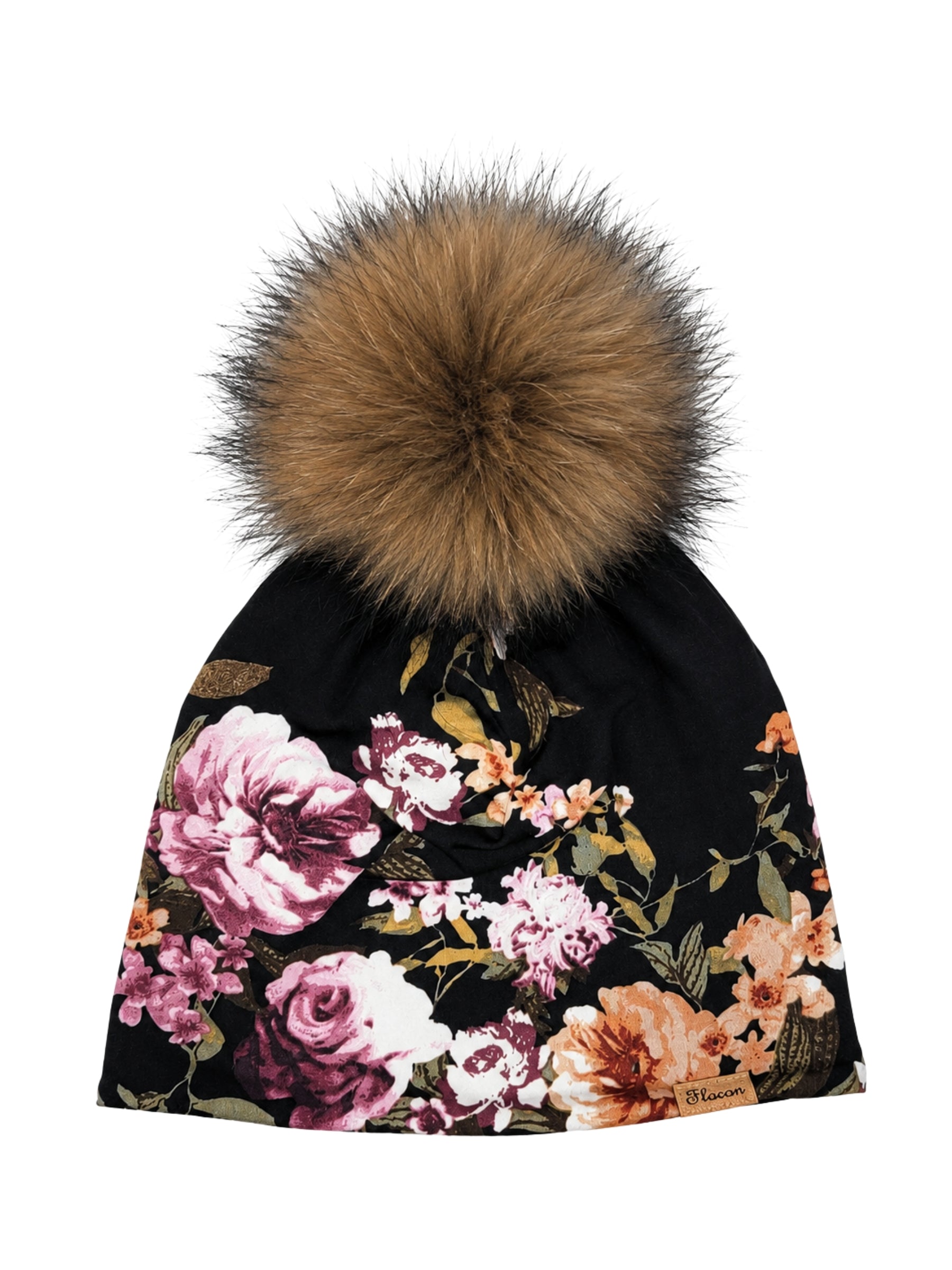 Dahlia Flower Beanie - Black (Natural Pompon)